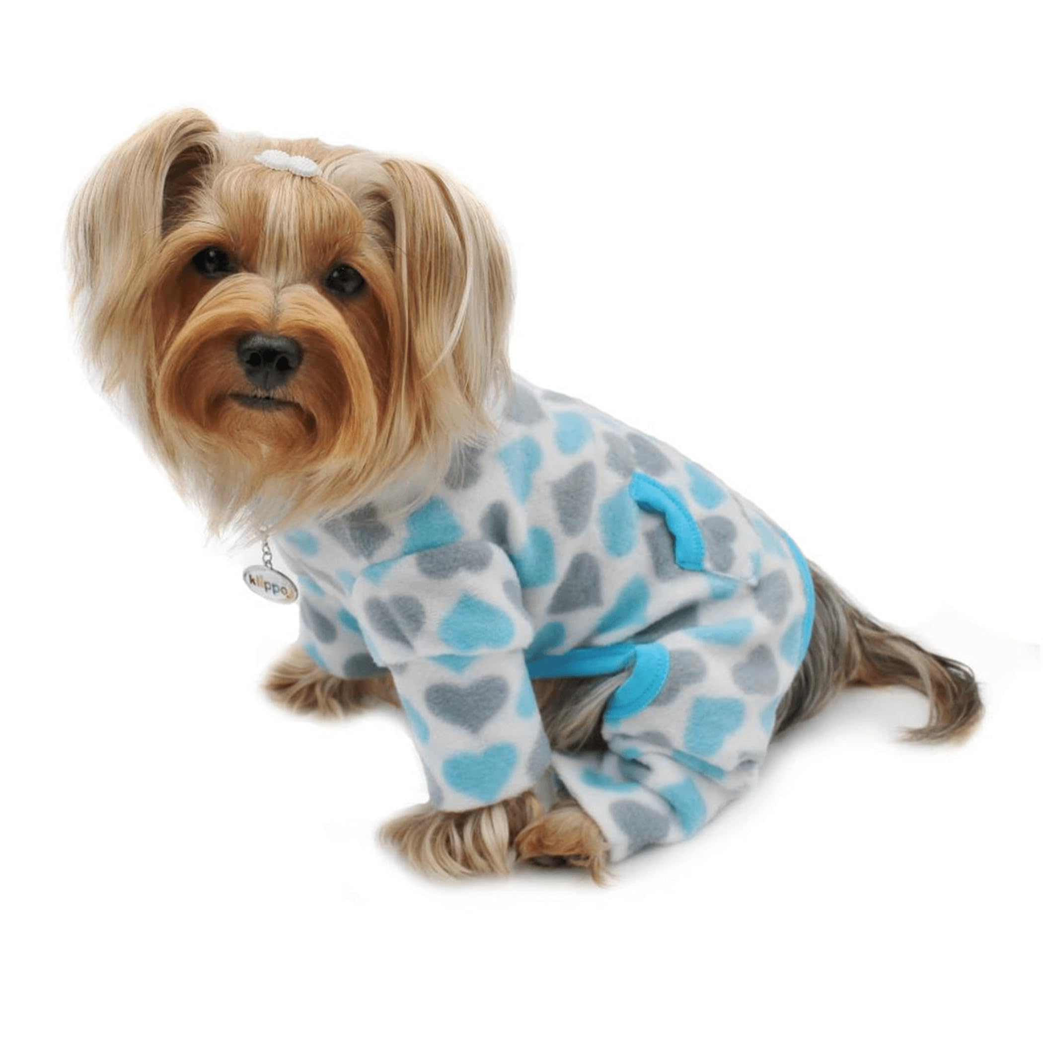 Klippo Dog/Puppy Blue & Grey Hearts Fleece Turtleneck Pajamas/Bodysuit/Loungewear/Coverall/Jumper/Romper For Small Breeds (M)