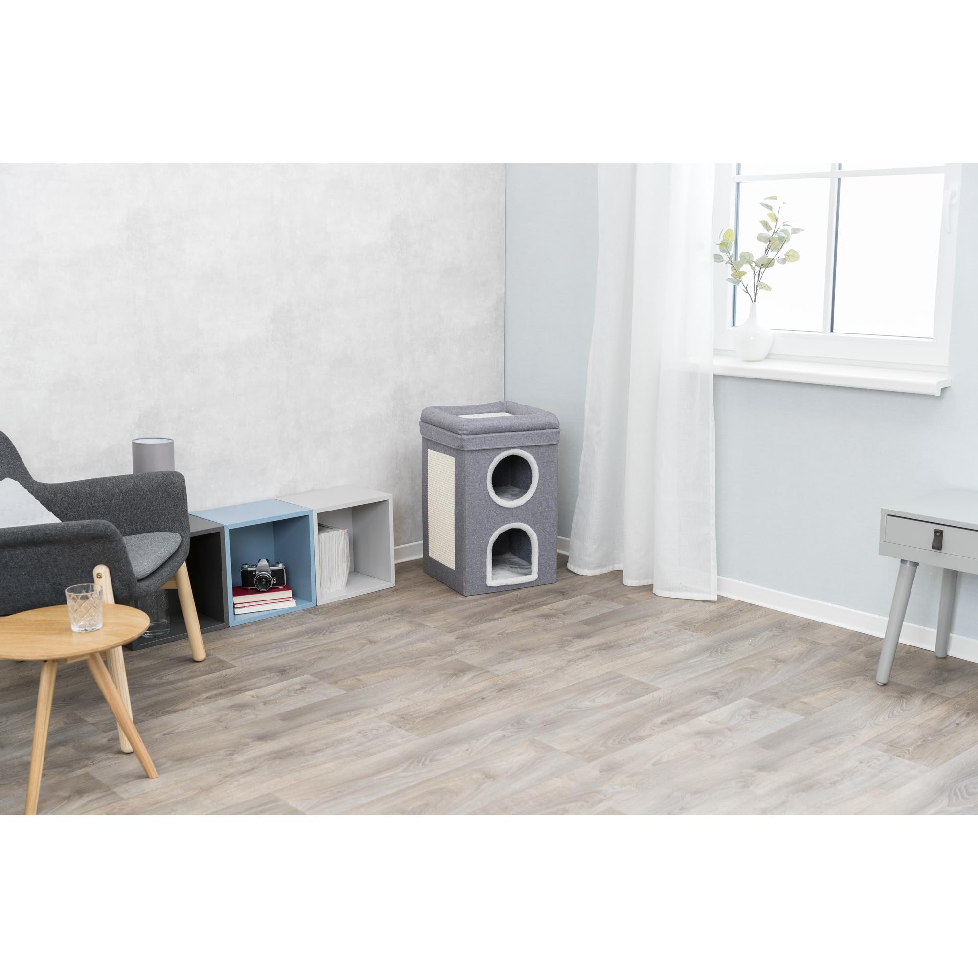 Trixie Saul Cat Condo | 2-Story Condo Tower | Scratching Surface | Foldable For Easy Storage | Gray