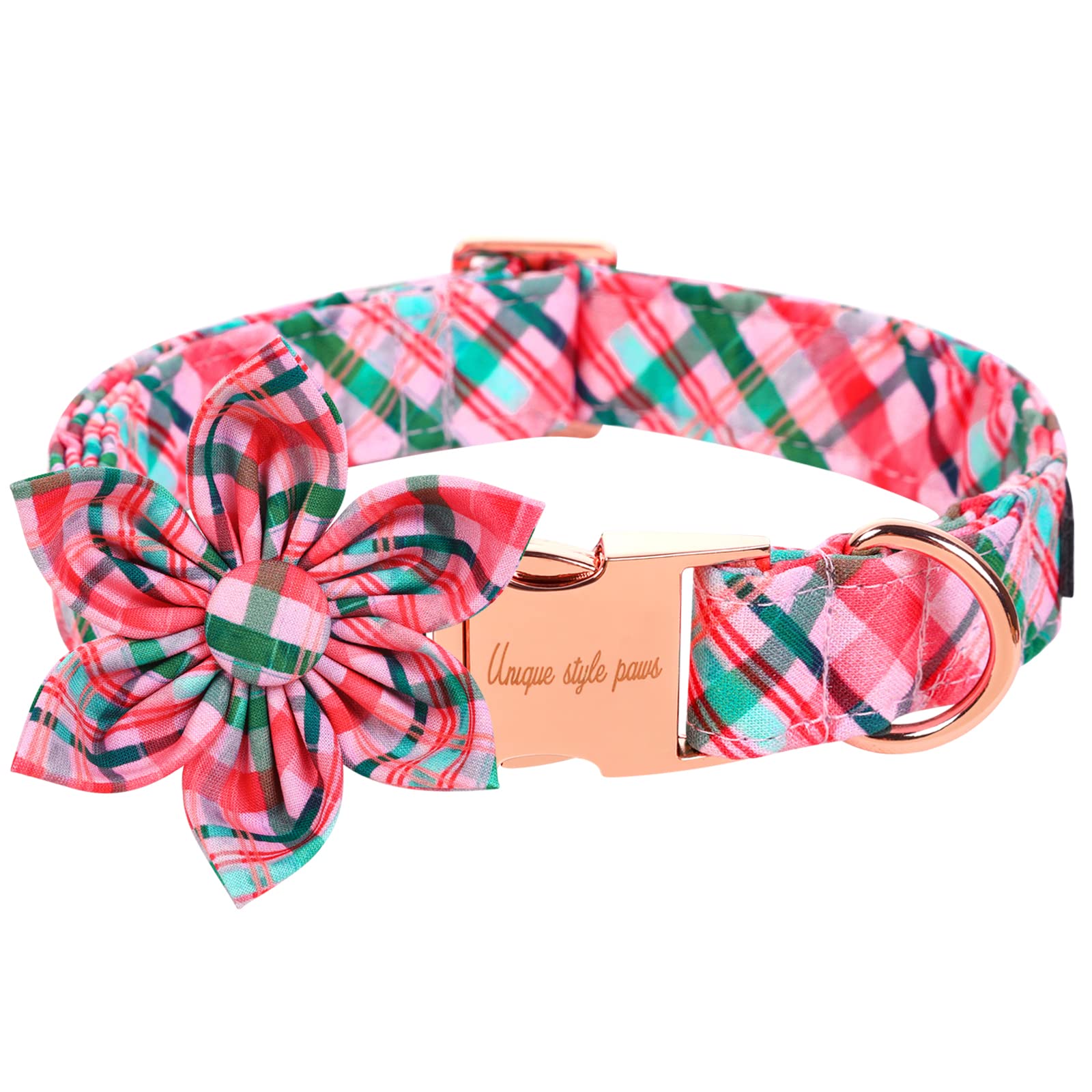 Unique Style Paws Dog Collar With Flower Pink & Green Plaid Dog Collar Best Gifts For Small Medium Large Dogs -S