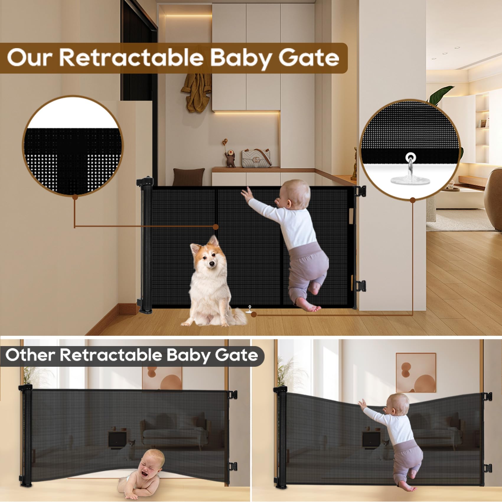 Miumoon 71" Retractable Baby Gate - 34" Tall, Iron, Black, SH20.006C - Ideal for Stairs, Doorways, and Hallways