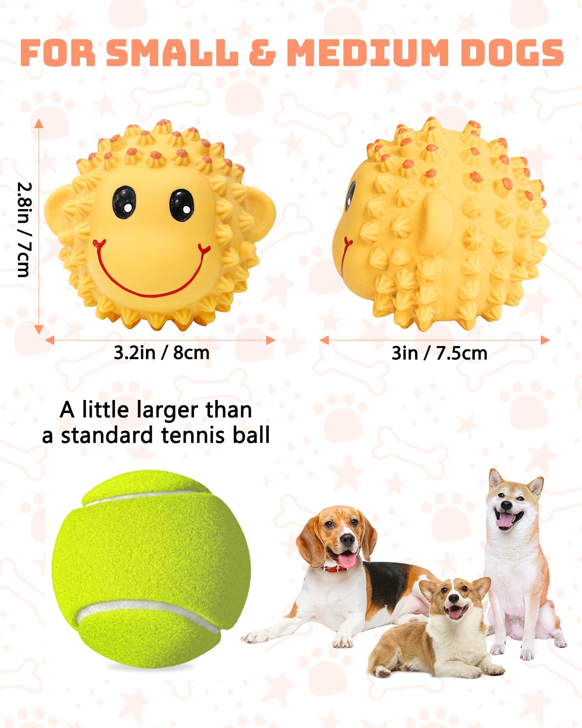 Schitec Squeaky Dog Toys, 3'' Interactive Latex Squeak Fetch Play Animal Balls, [2 Pack] Spiky Soft Rubber Puppy Teeth Clean Pet