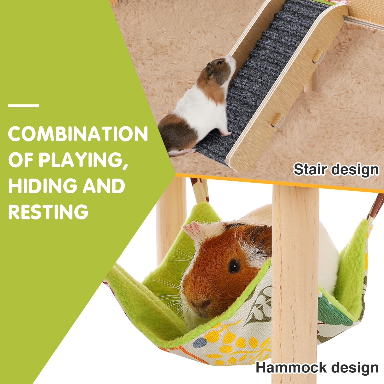 MEWTOGO Guinea Pigs Hammock with Platform, Wooden Hideout Bed for Small Pets, Single Hammock Size