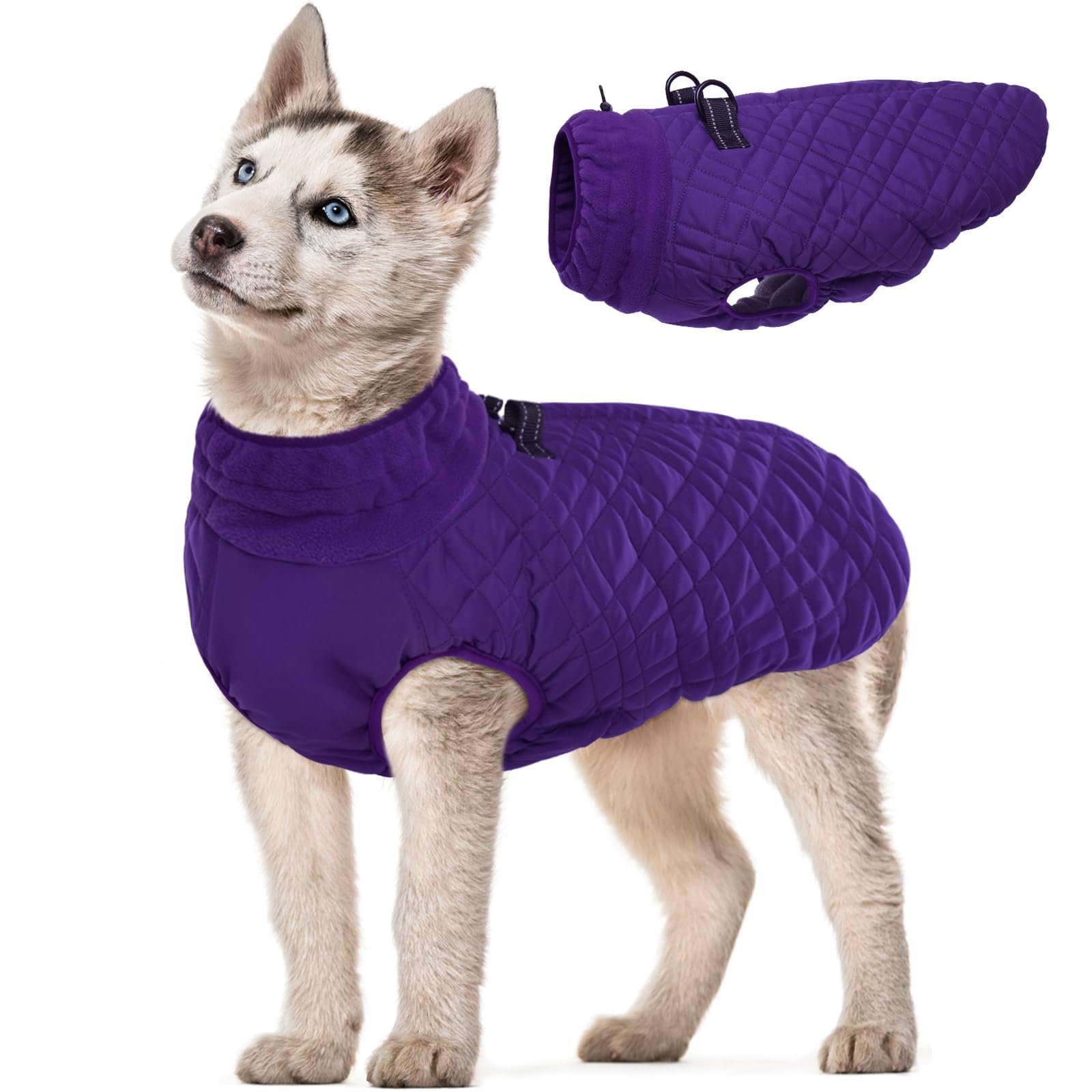 Kuoser Warm Dog Coat With Harness Built-In For Small Dogs, Windproof Winter Vest For Pug, Dachshund, Purple S