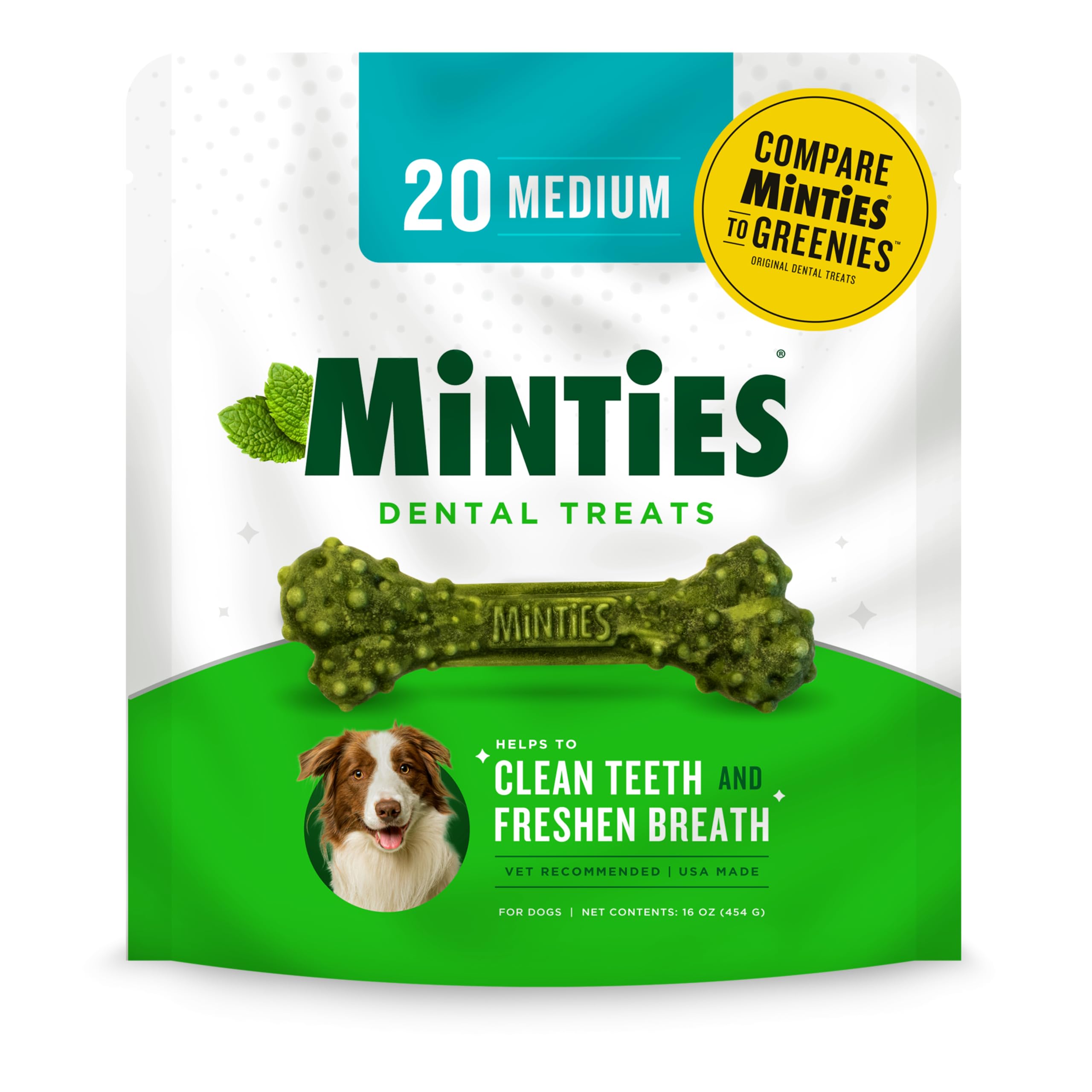 Minties Dental Chews for Dogs, 20 Count, Vet-Recommended Mint-Flavored Treats for Medium Dogs 25-50 lbs, Dental Bones Clean Teet