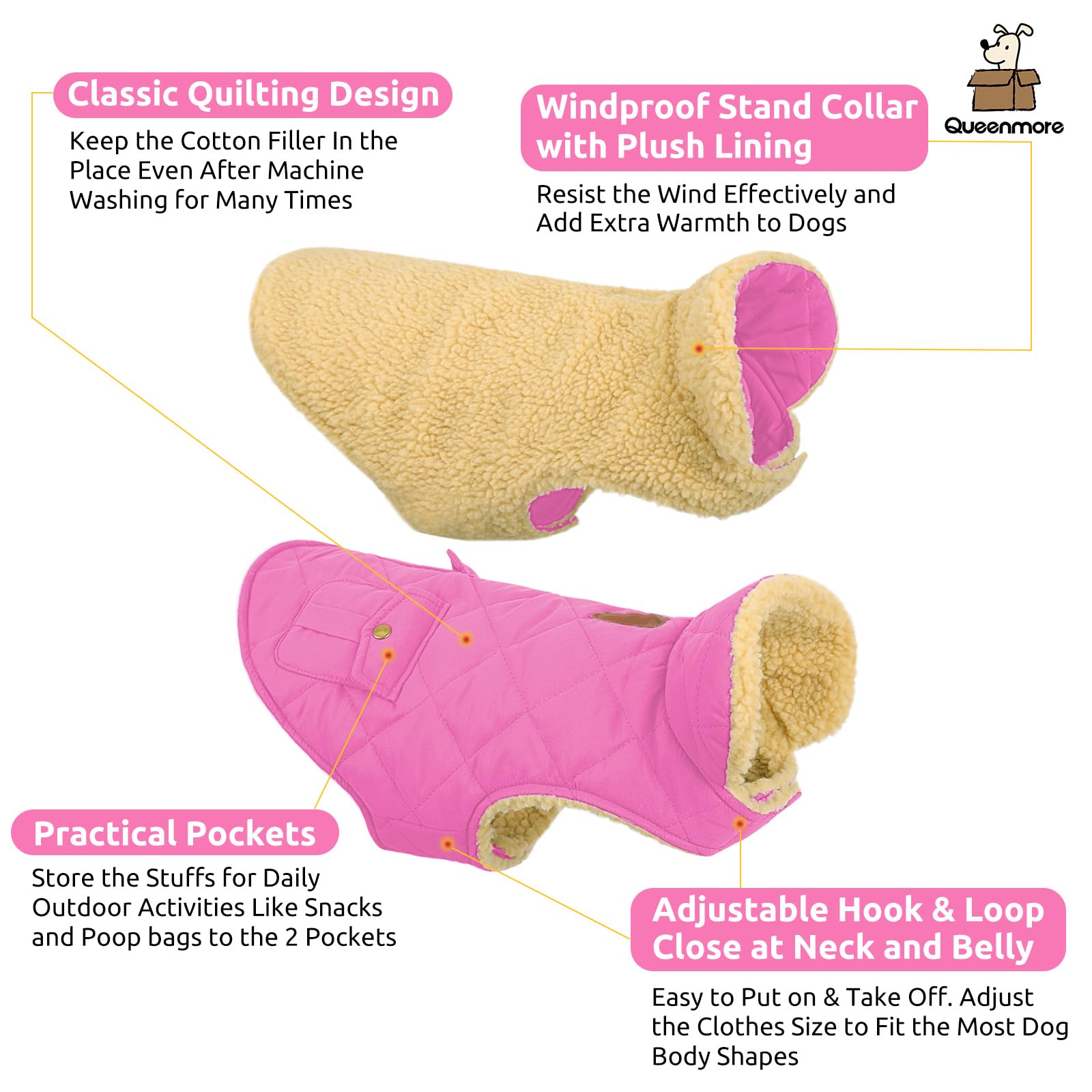 Queenmore Dog Winter Coat - Waterproof Fleece Jacket, Medium, Pink, Model 1067-QM-13488, Thick Warm Padding, Easy On Storage Pockets