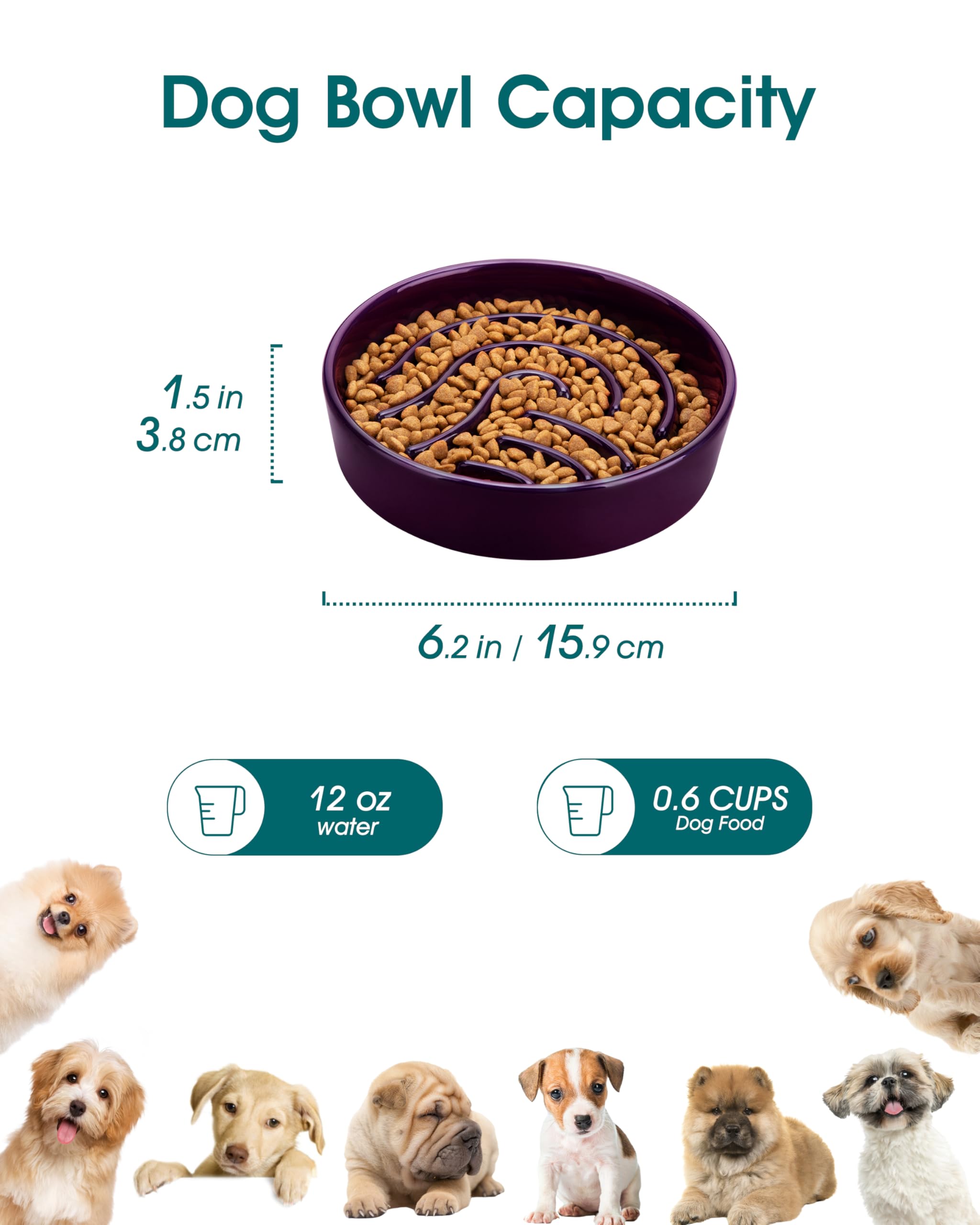 vancasso Slow Feeder Dog Bowl, 0.6 Cup Ceramic Slow Feeding Food Dish for Small Breed, Puzzle Dog Food Bowl for Fast Eater, Dark