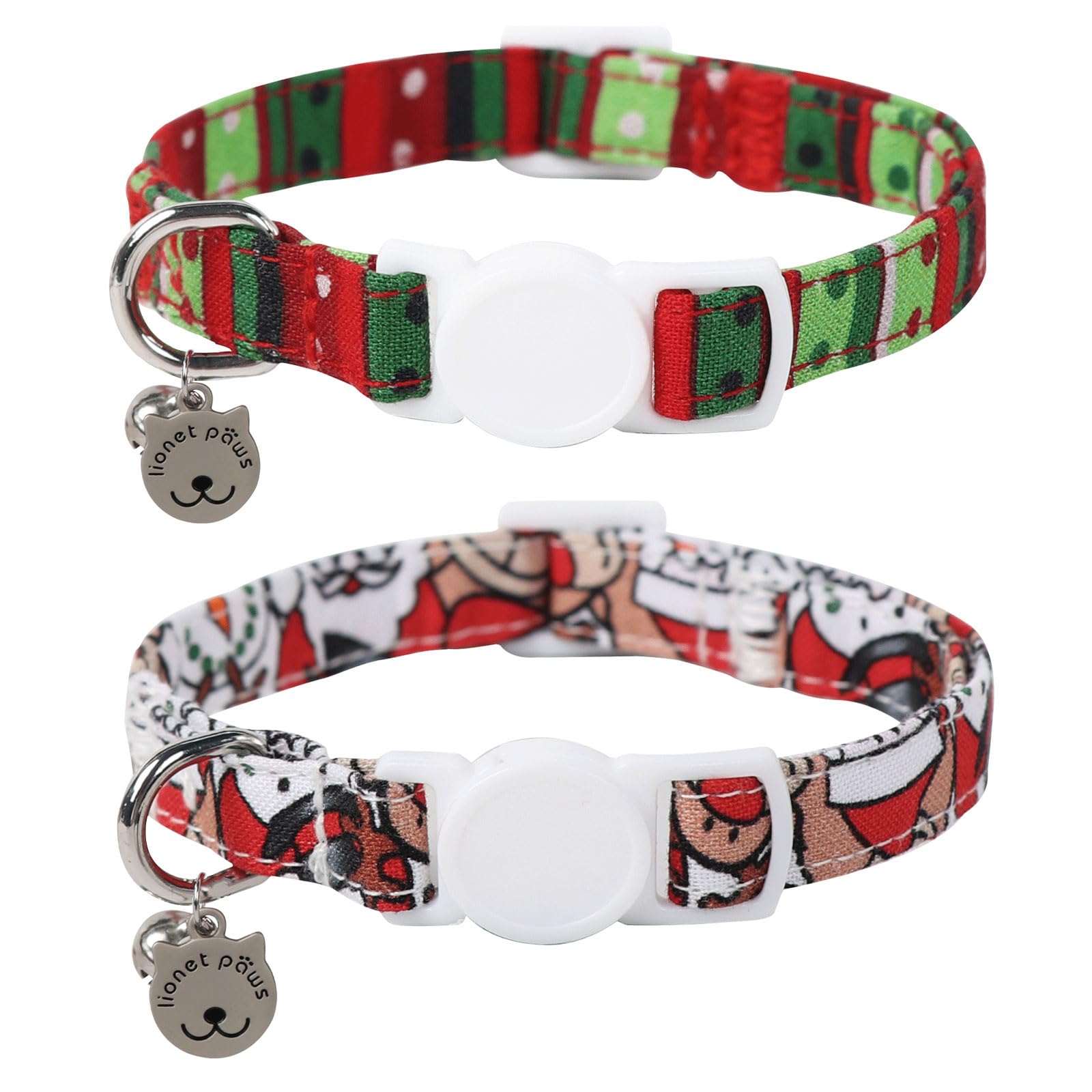 Lionet Paws 2Pcs Pack Cotton Cat Collar,Breakaway Buckle Christmas Cat Coolar With Santa,Red Green Dot Cute Adjustable Cat Kitte