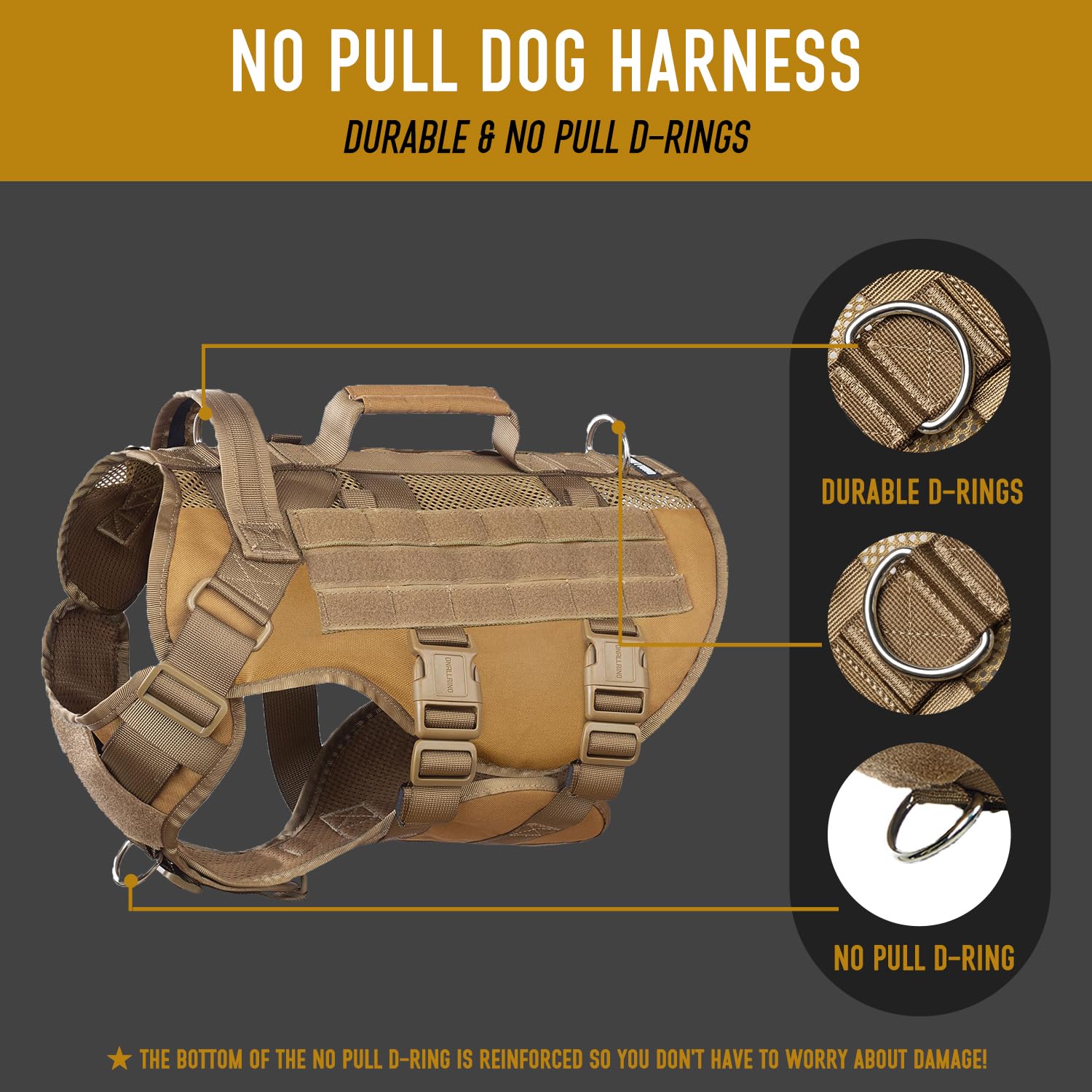 Dnallrino Tactical Dog Harness - Large, Breathable Nylon Vest, Army Brown, Model T23, No Pull with Double Handles for Hiking & Training