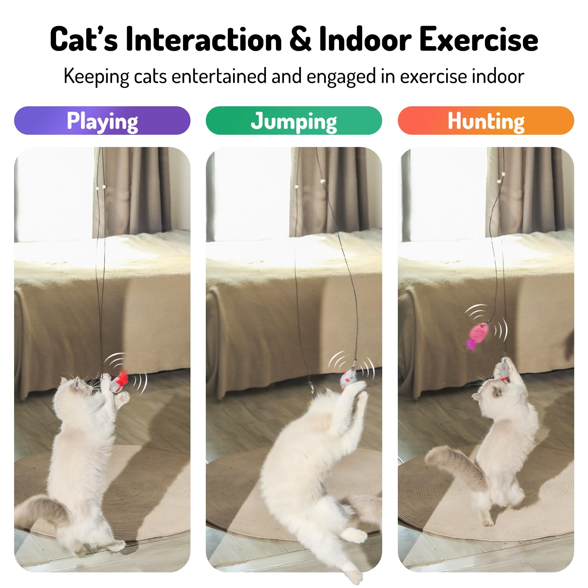 Lekewpet Hanging Cat Toys Mice With Squeaky Sound 3Pcs, Retractable Teaser Toy, Interactive Cat Toys For Indoor Bored Kitten Sel