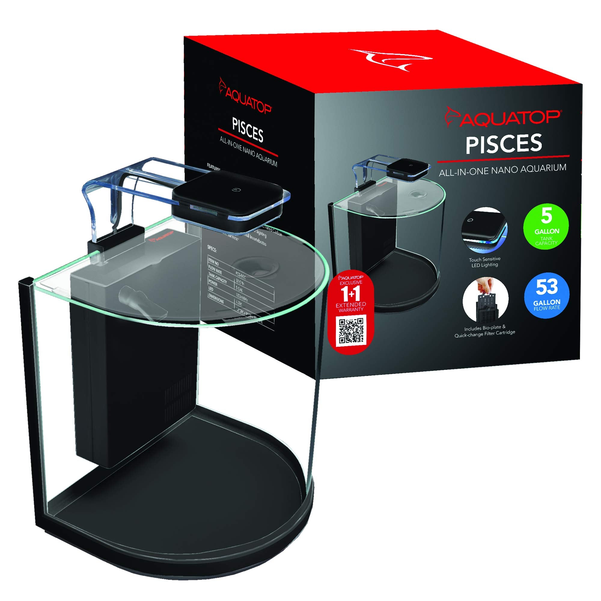 Aquatop Pisces Curved Bowfront Aquarium, 5 Gallons, 53Gph – Nano Semi-Circle Glass Aquarium Kit, For Salt & Freshwater Fish Tanks, Touch Sensitive Led Light, All In One Tank With Filter