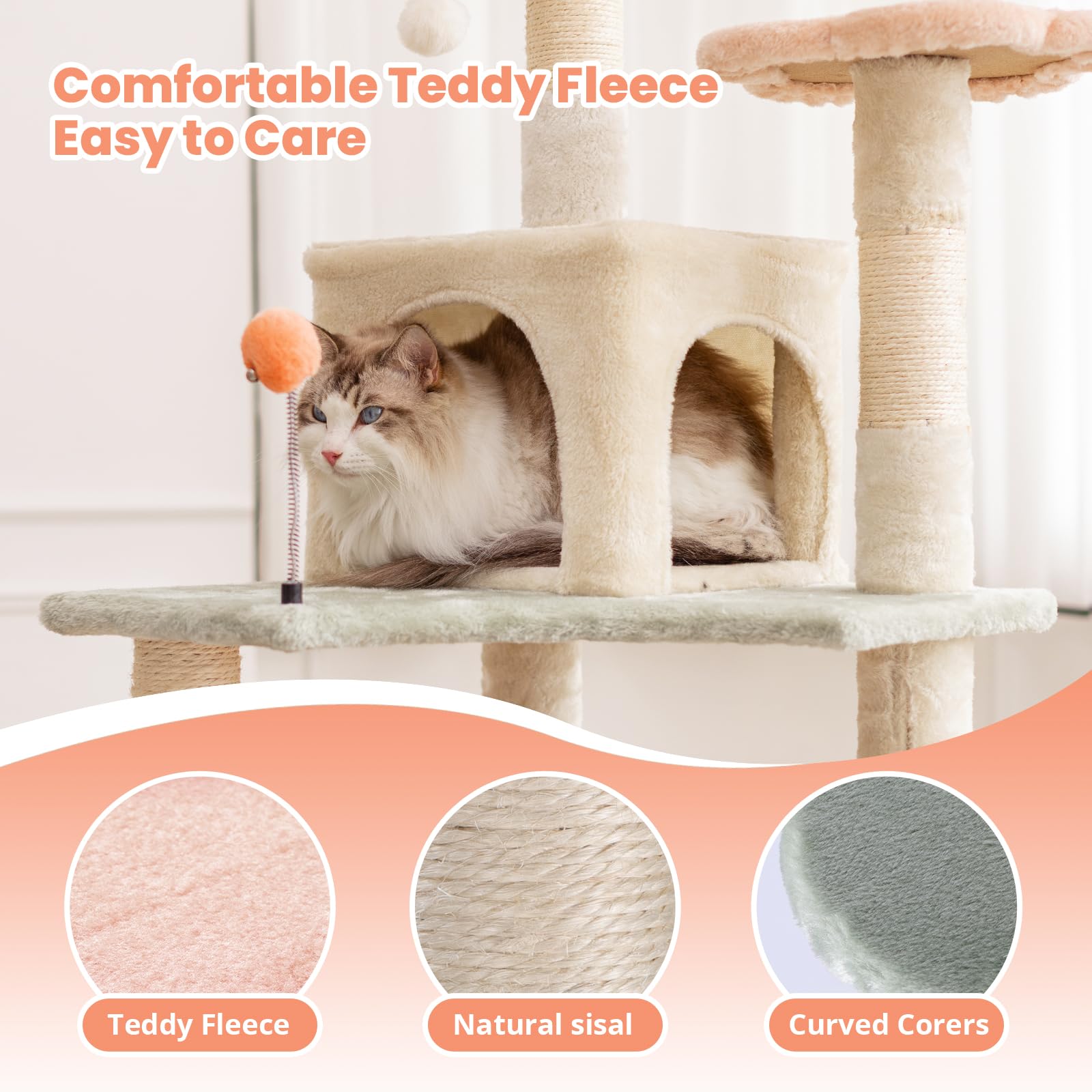 Hyabi 59 Inch Flower Cat Tree Tower Condo Multi-Level Furniture Apartment Plush Amusement Platform With Scratch Posts Toy Ball Pet House Play For Indoor Cats Large Adult