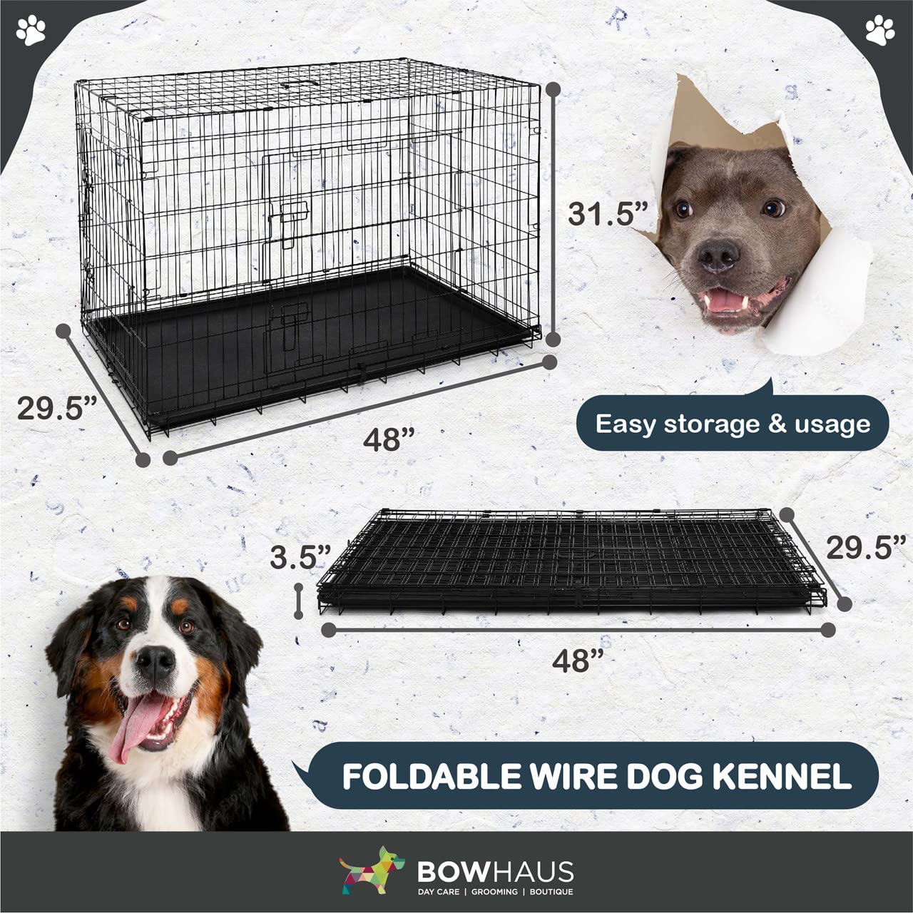 Bowhaus Dog Crate, Metal Wire Kennel W/Divider Panel, Leak-Proof Pan, 48, Double Door, Large Dog Crate Indoor, Foldable & Portab