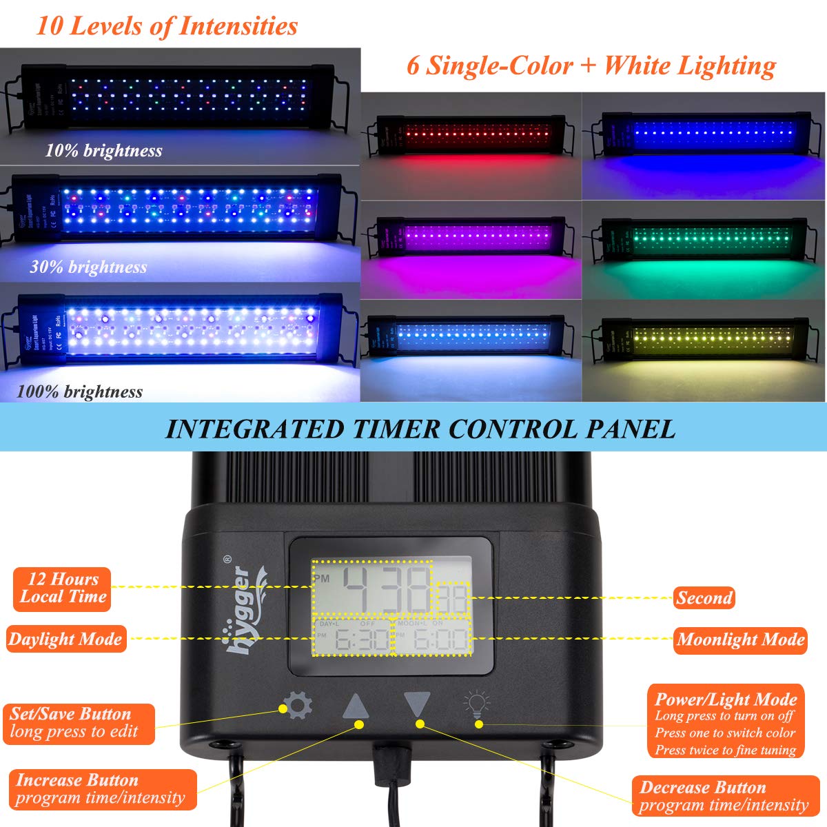 hygger LED Aquarium Light 30-36 Inch, Dimmable Full Spectrum, Black, Model 957, Extendable with Timer for Freshwater Planted Tanks