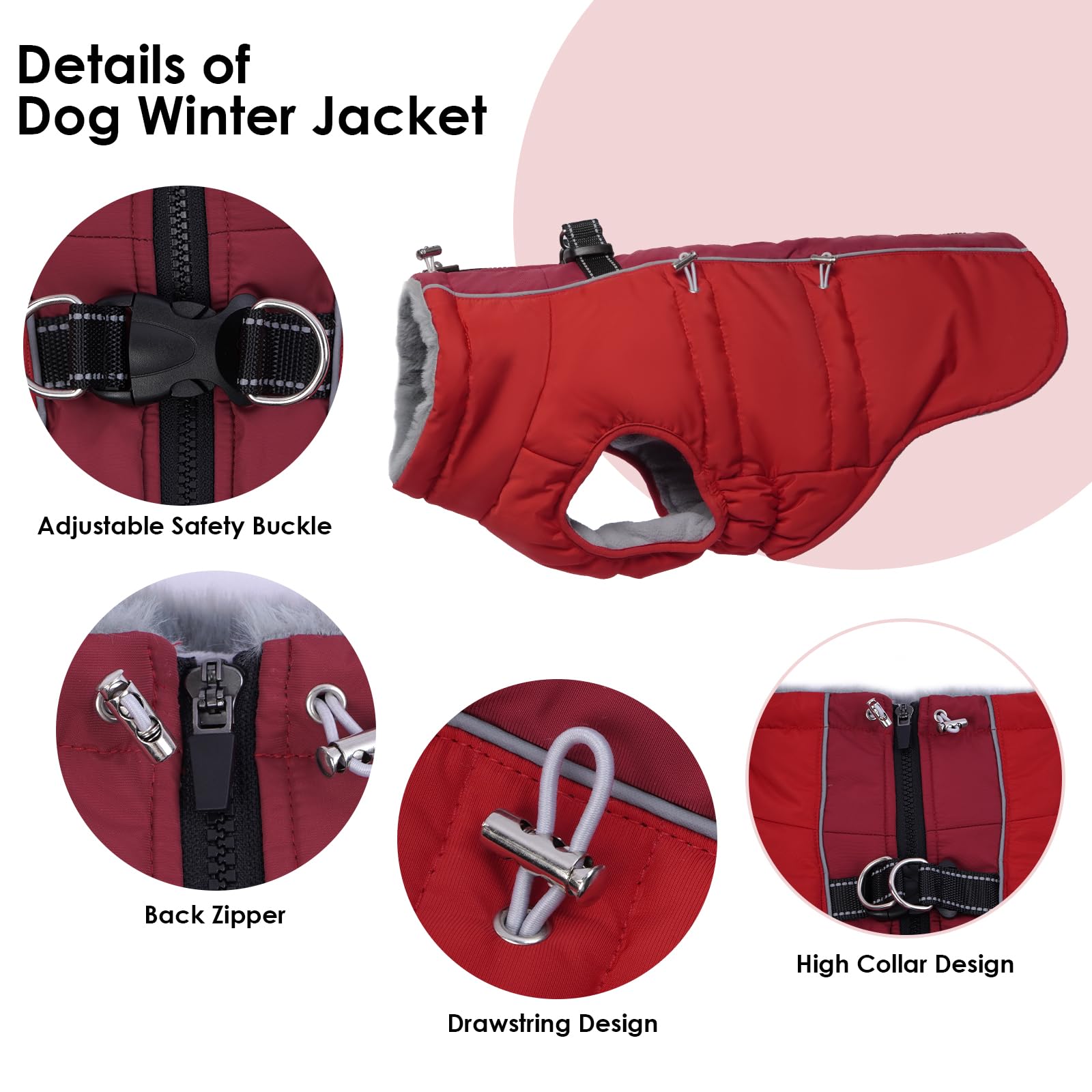 IKIPUKO Dog Coat - Warm Winter Jacket Snowsuit for Large Dogs, Water-Resistant, Reflective, Red
