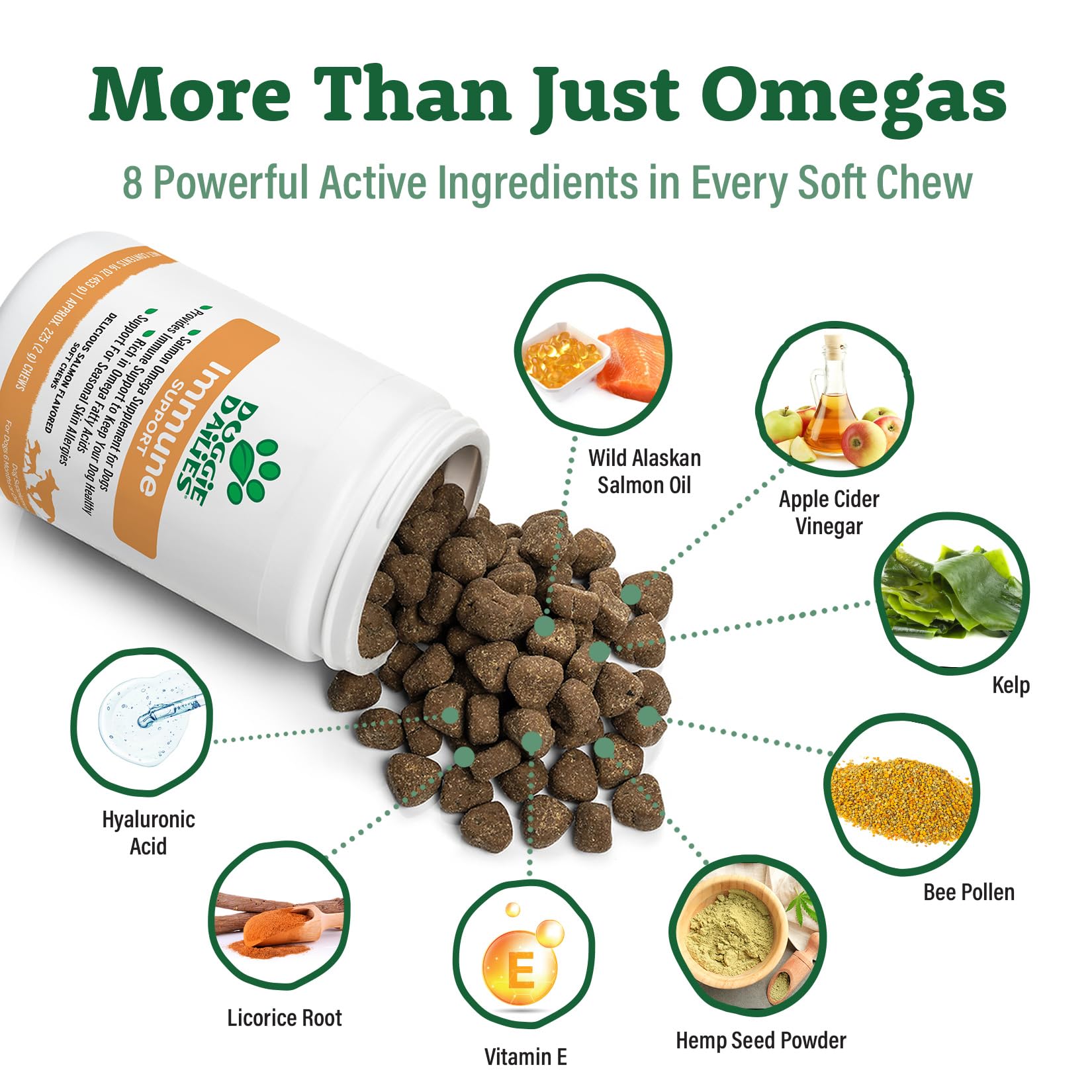 Doggie Dailies Omega 3 for Dogs, 225 Soft Chews, Salmon Oil for Dogs with Apple Cider Vinegar, Bee Pollen, Kelp, Zinc & Biotin -