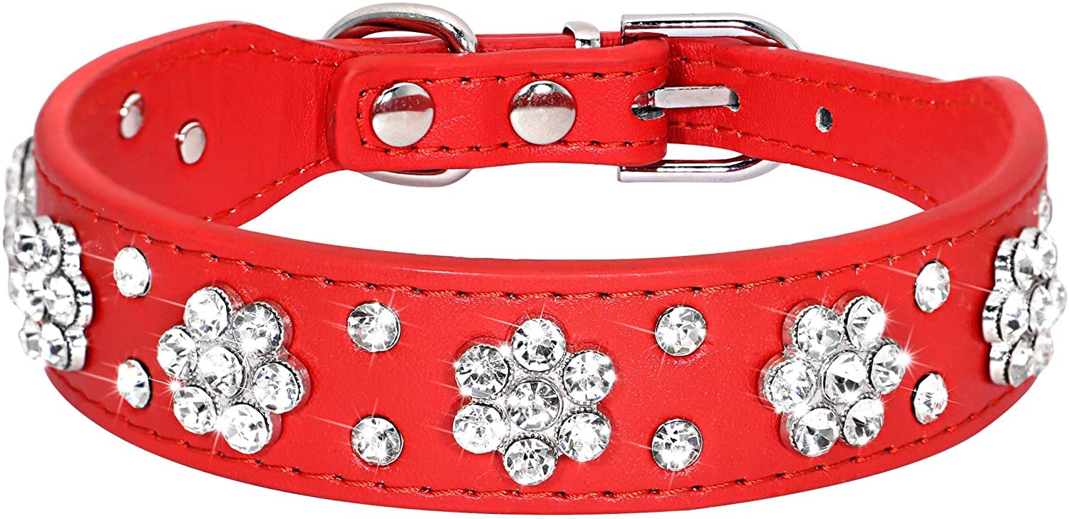 Serijoars Rhinestone Dog Collar - Cute Flower Rhinestone Bling Collar Pu Leather Adjustable Sizes Xs Small Medium (S, Red)