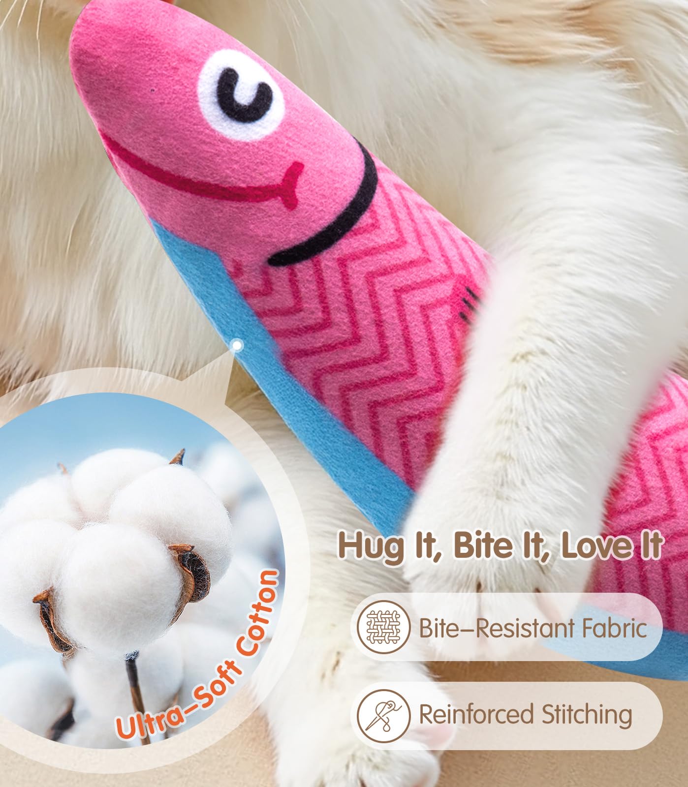 PetBusy Cat Toys - Interactive Soft Chew Kicker with Natural Catnip & Silvervine - Crinkle & Bell Fish Sound - Blue/Pink, Model CFCT-A-01