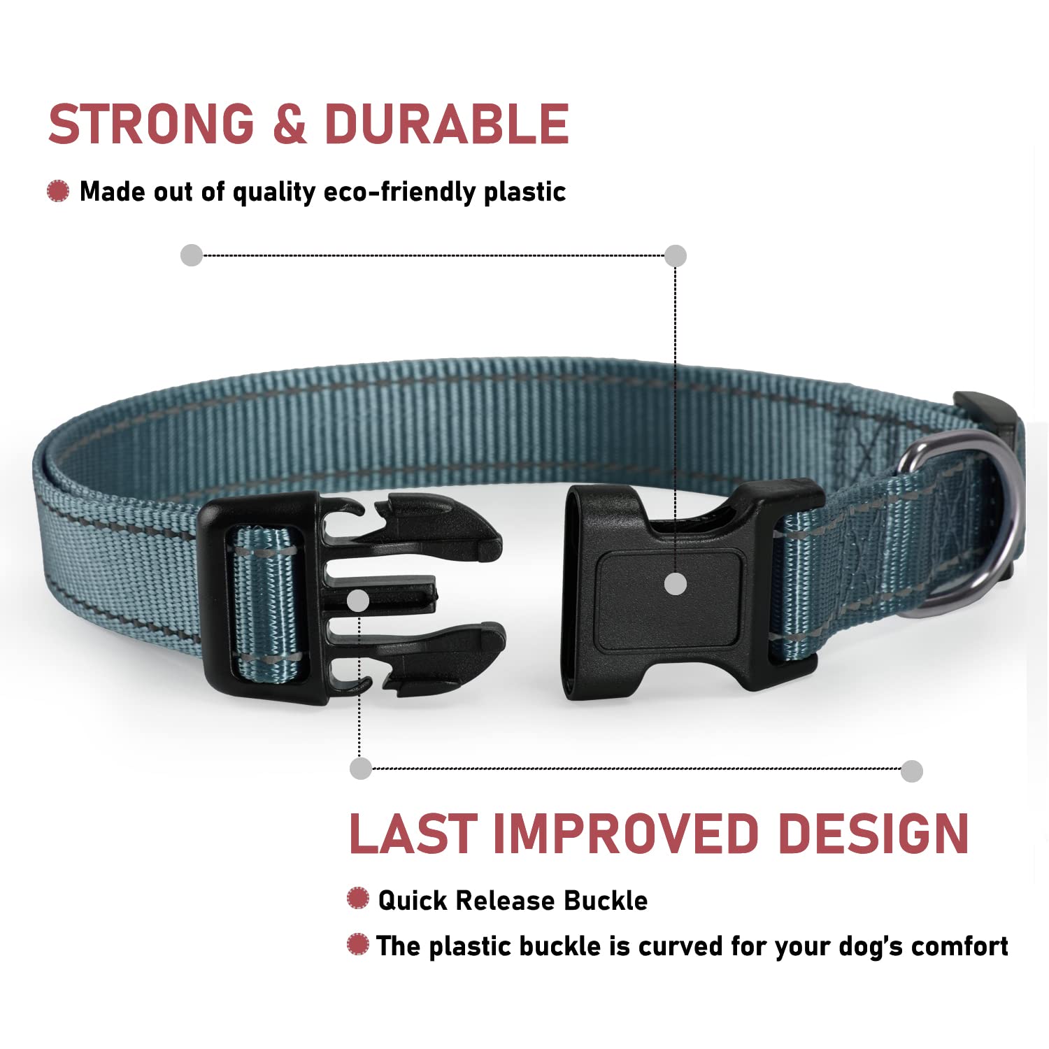 Reflective Dog Collar With Buckle Adjustable Safety Nylon Collars For Small Medium Large Dogs, Grey Xs