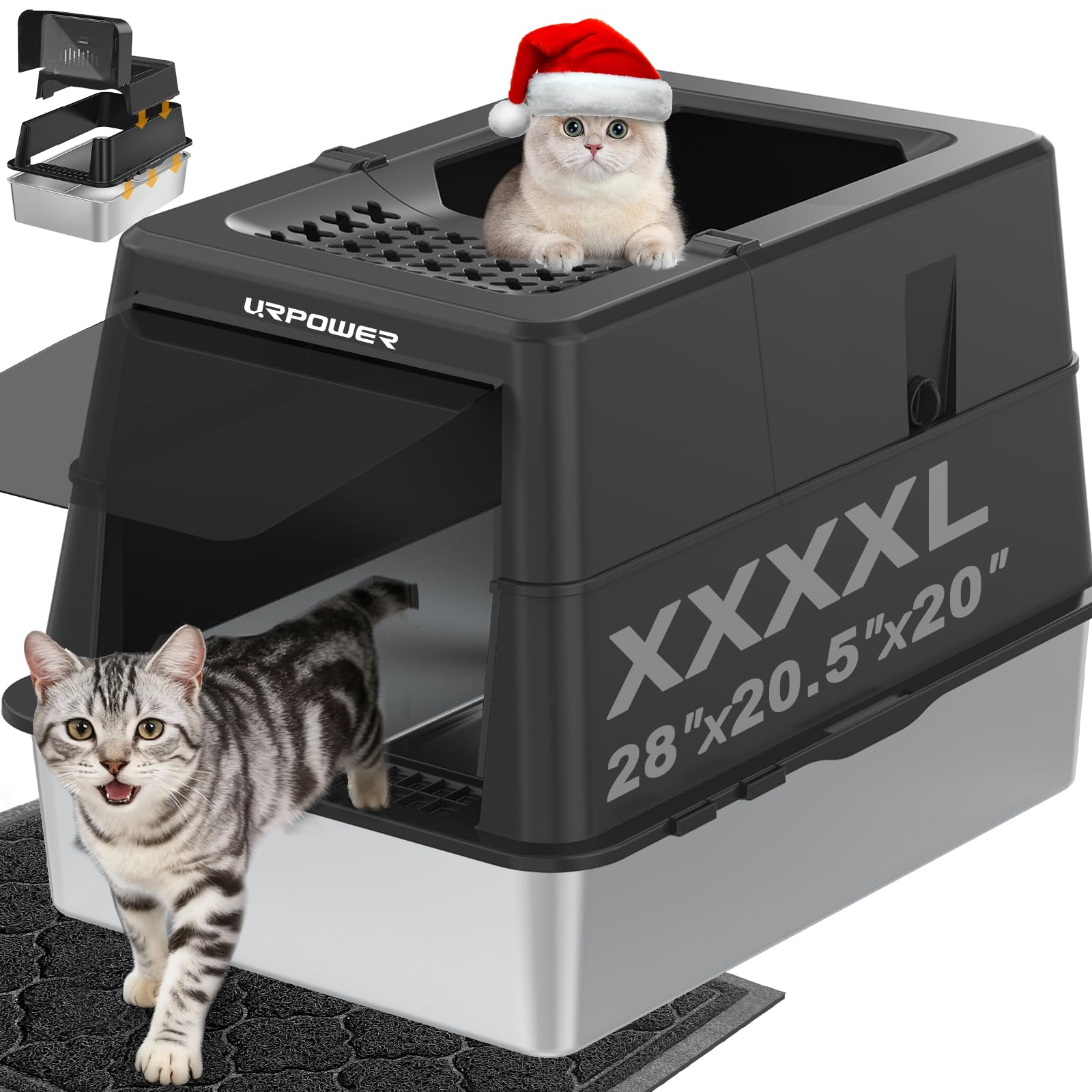 XXXXL Stainless Steel Cat Litter Box with Lid 110 Flip-Top Extra Large Enclosed Litter Box Non-Sticky Metal Pan with High Sided 