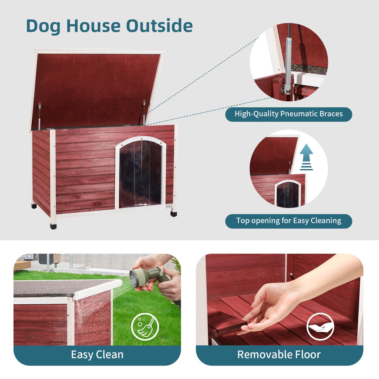 Petsfit Extra Large Dog House, Outdoor Wooden Dog House For Large Dogs, Red, 45.6'L X 31'W X 32'H