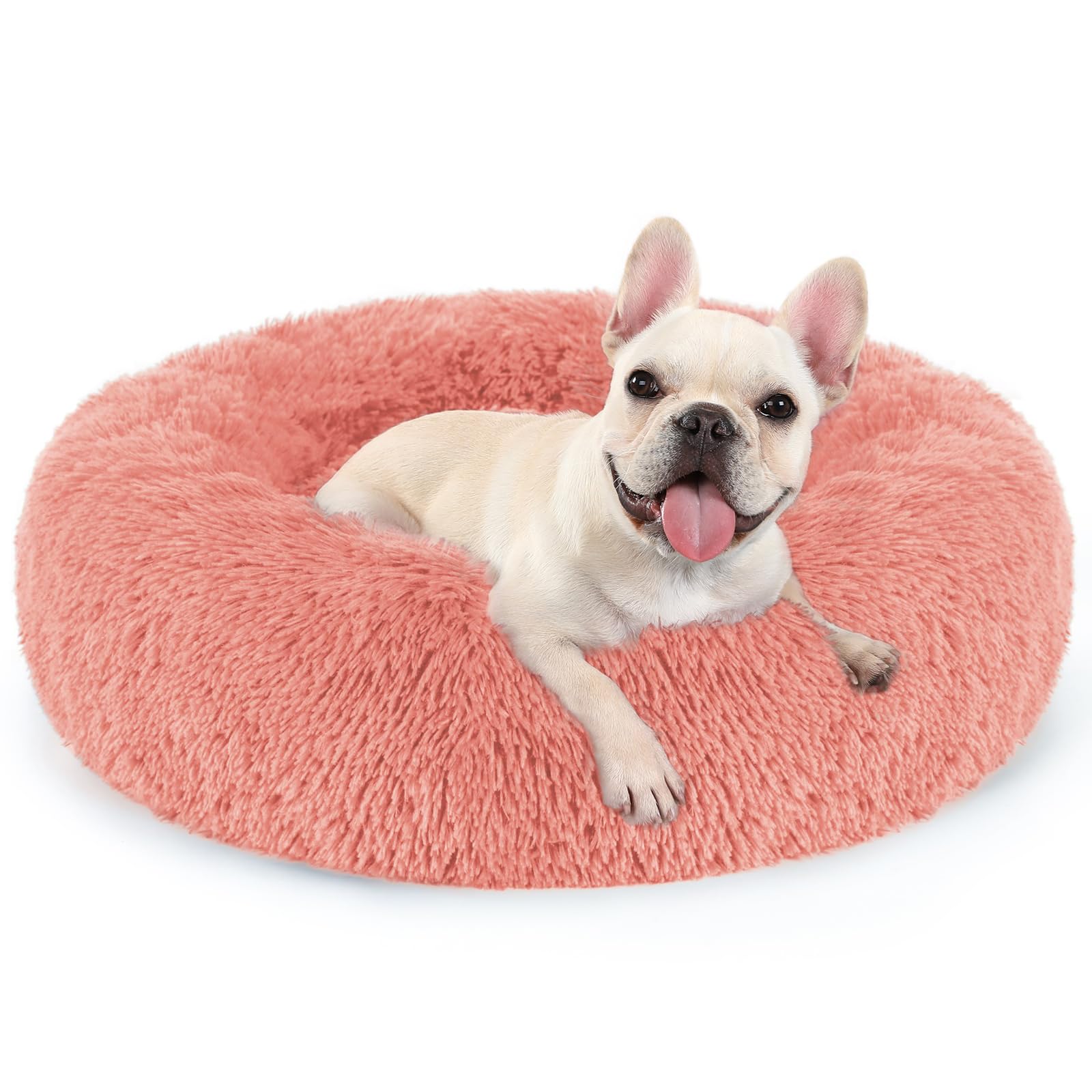 Rabbitgoo Cat Beds For Indoor Cats, 24 Inches Cat Bed Machine Washable, Fluffy Round Pet Bed Non-Slip, Calming Soft Plush Donut Cuddler Cushion Self Warming For Small Dogs Kittens, Pink, Large