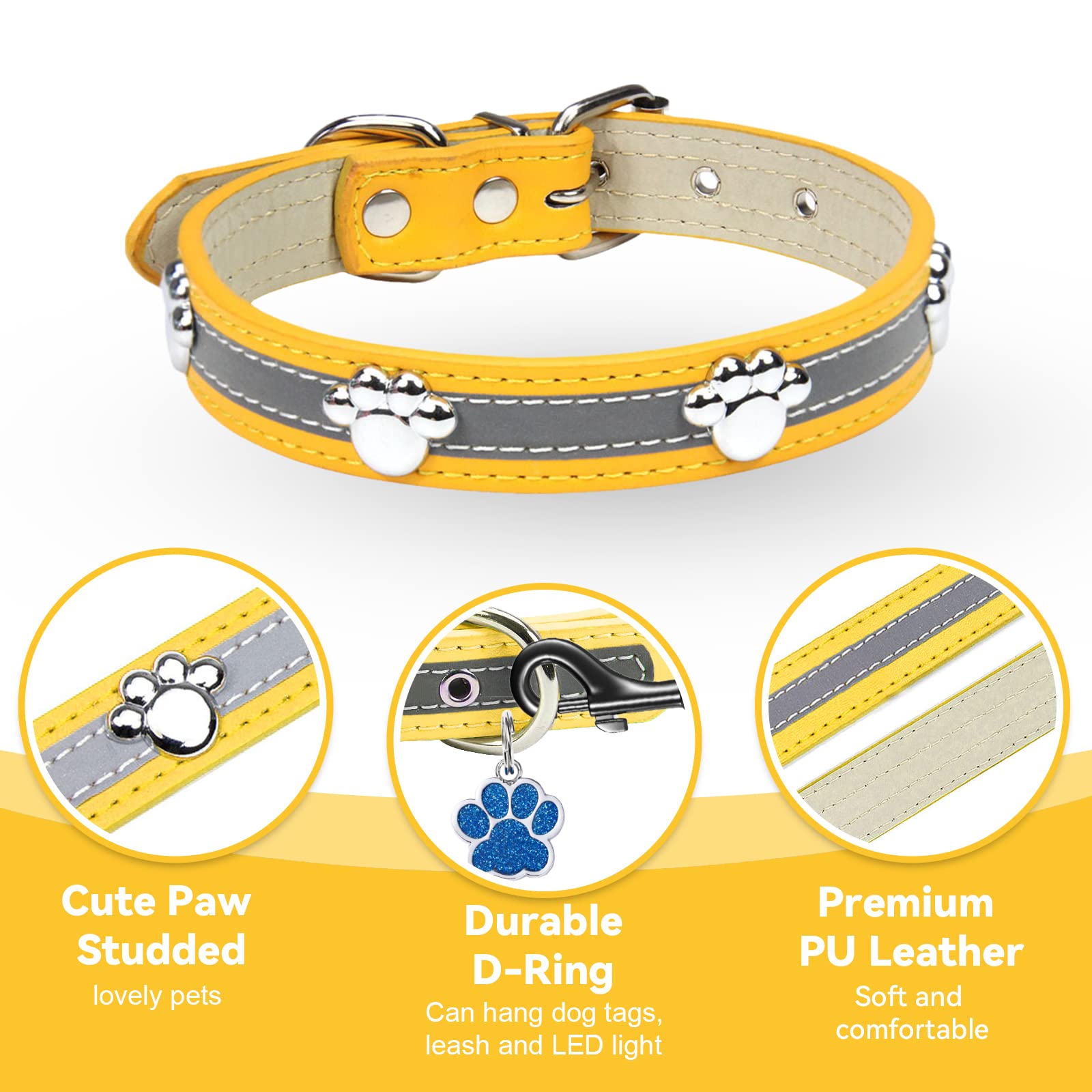 Petcare Reflective Dog Collar With Cute Paw Rivet Studded Funny Soft Pu Leather Adjustable Puppy Dog Collars For Small Medium Large Dogs Cats (Yellow,Xx-Large)