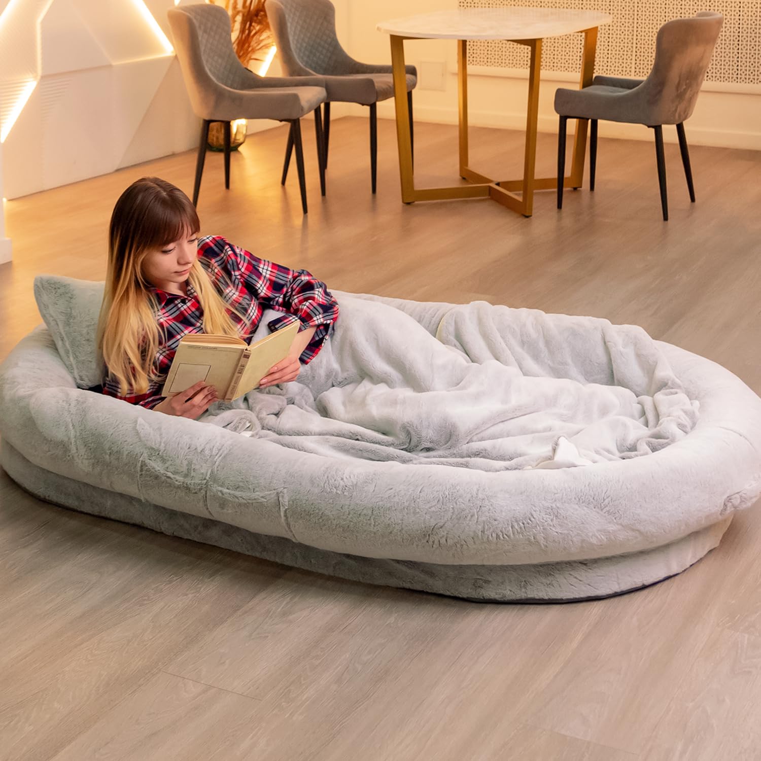 Petlo Human Dog Bed For Cozy Naps 72''X48''X11'' - Washable Faux Fur Cover, Blanket And Pillow - Removable Memory Foam And Adjus