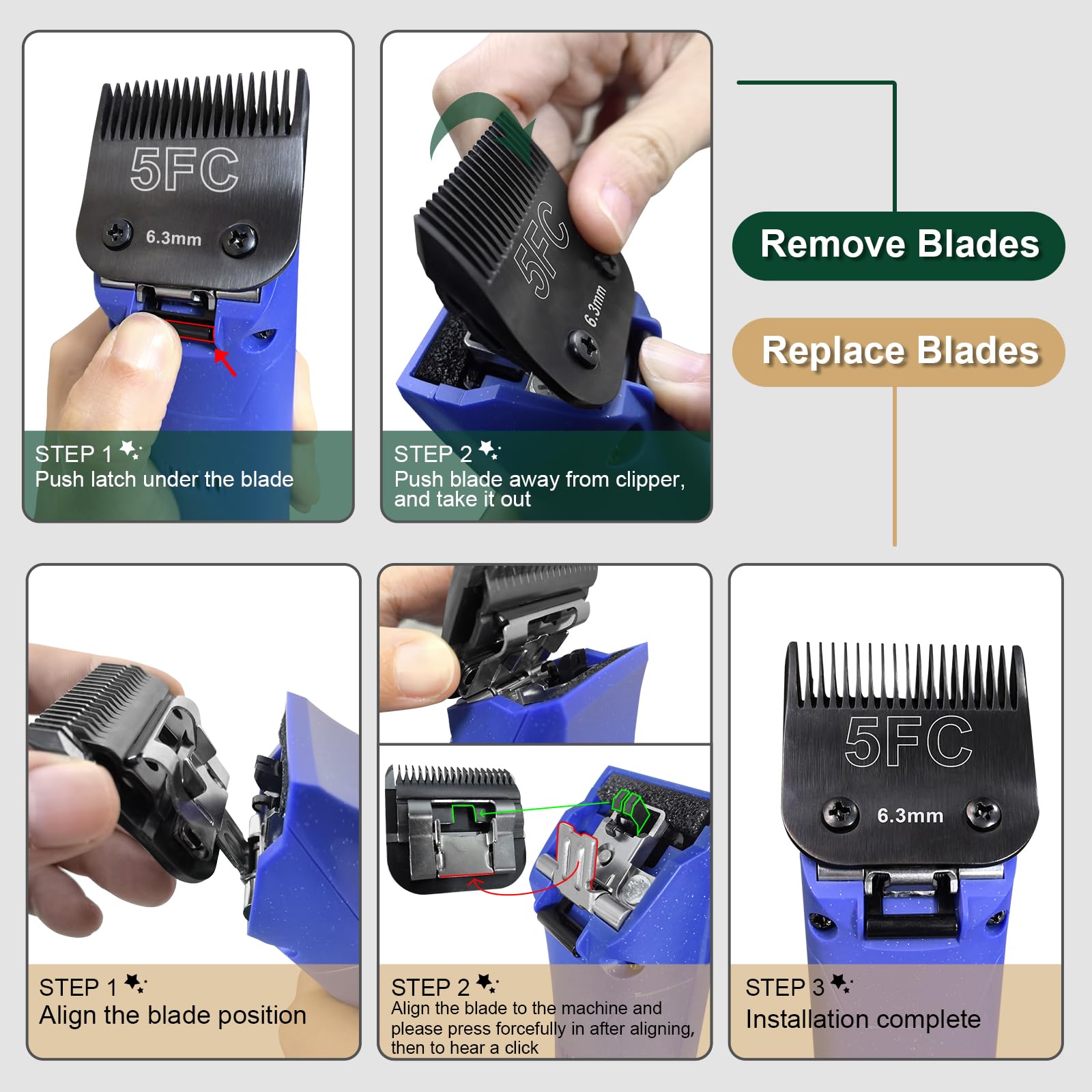 Dodaer 7Fc+5Fc+4Fc Black Detachable Pet Dog Grooming Clipper Stainless Steel Blades Set,Compatible With Andis,Oster A5,Wahl Km10