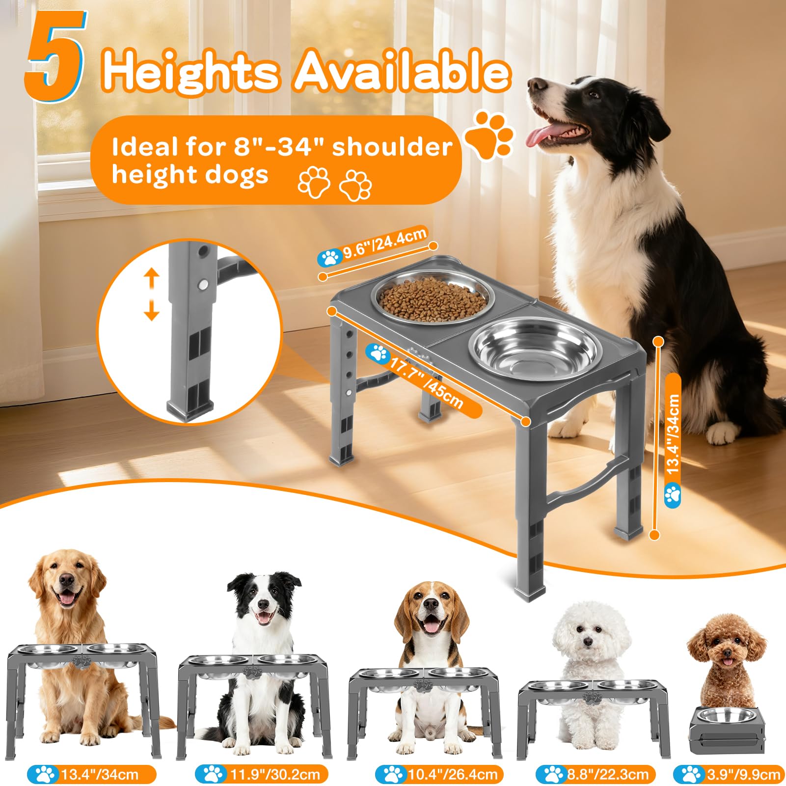 Elevated Dog Bowl Stand Foldable with Dual 7.8 Stainless Steel Bowls, 5 Adjustable Heights (3.9-13.4), Anti-Slip Portable Travel