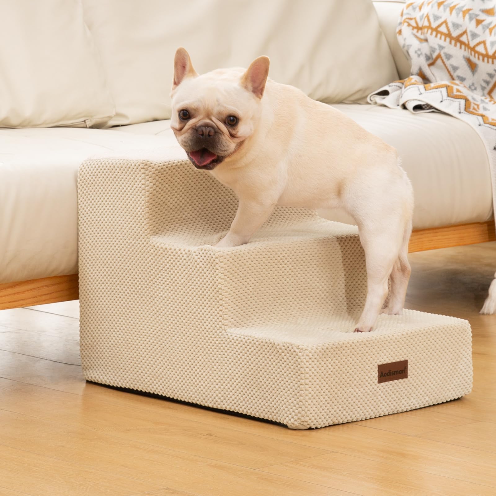 Aodisman Dog Stairs for Small Dogs & Cats, 3-Step Extra Wide Non-Slip Pet Steps for Couch Sofa and Chair, Beige, 15.7 H