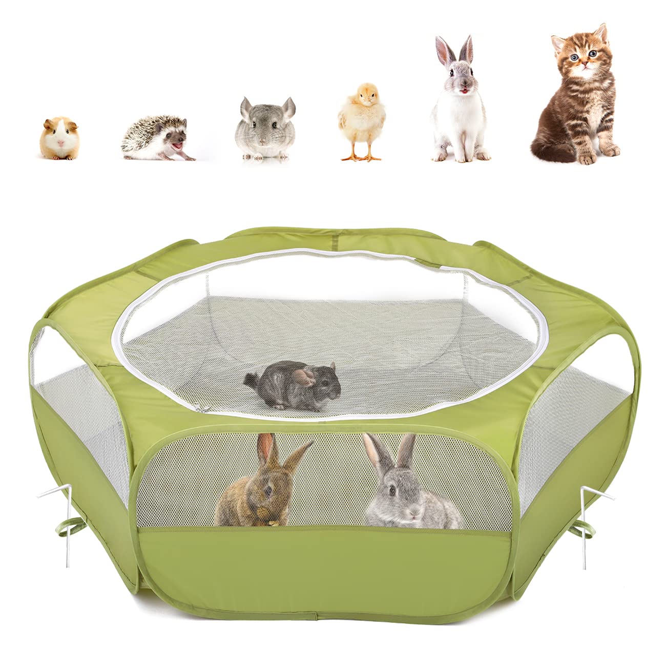 Pawaboo Small Animals Playpen, Waterproof Small Pet Cage Tent With Zippered Cover, Portable Outdoor Yard Fence With 3 Metal Rod For Chick/Kitten/Puppy/Guinea Pig/Rabbits/Hamster/Chinchillas,Green