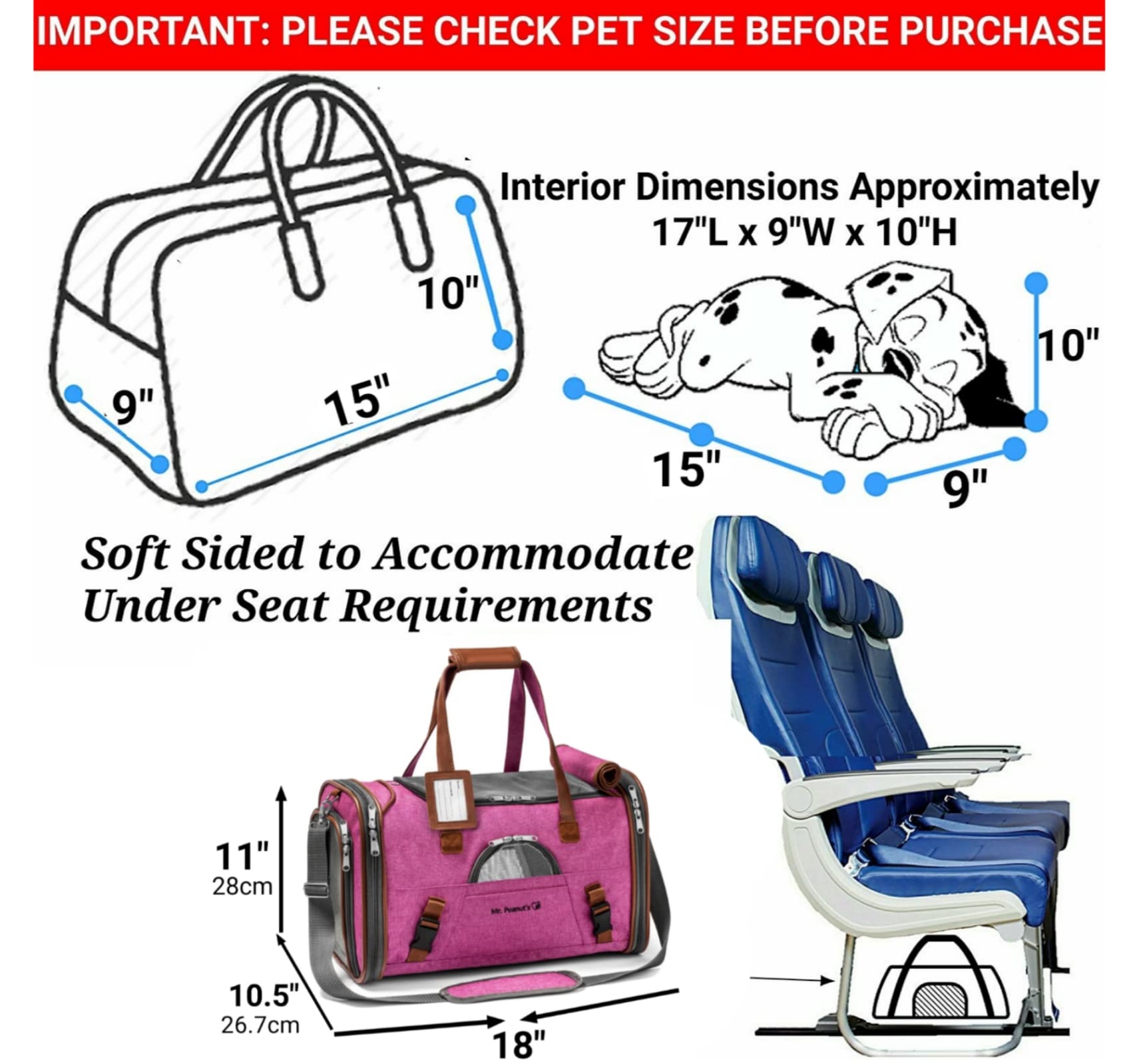Mr. Peanut's Airline Approved Soft Sided Pet Carrier, Low Profile Gold Series Tote, Premium Brand Self Locking Zippers, Under Se