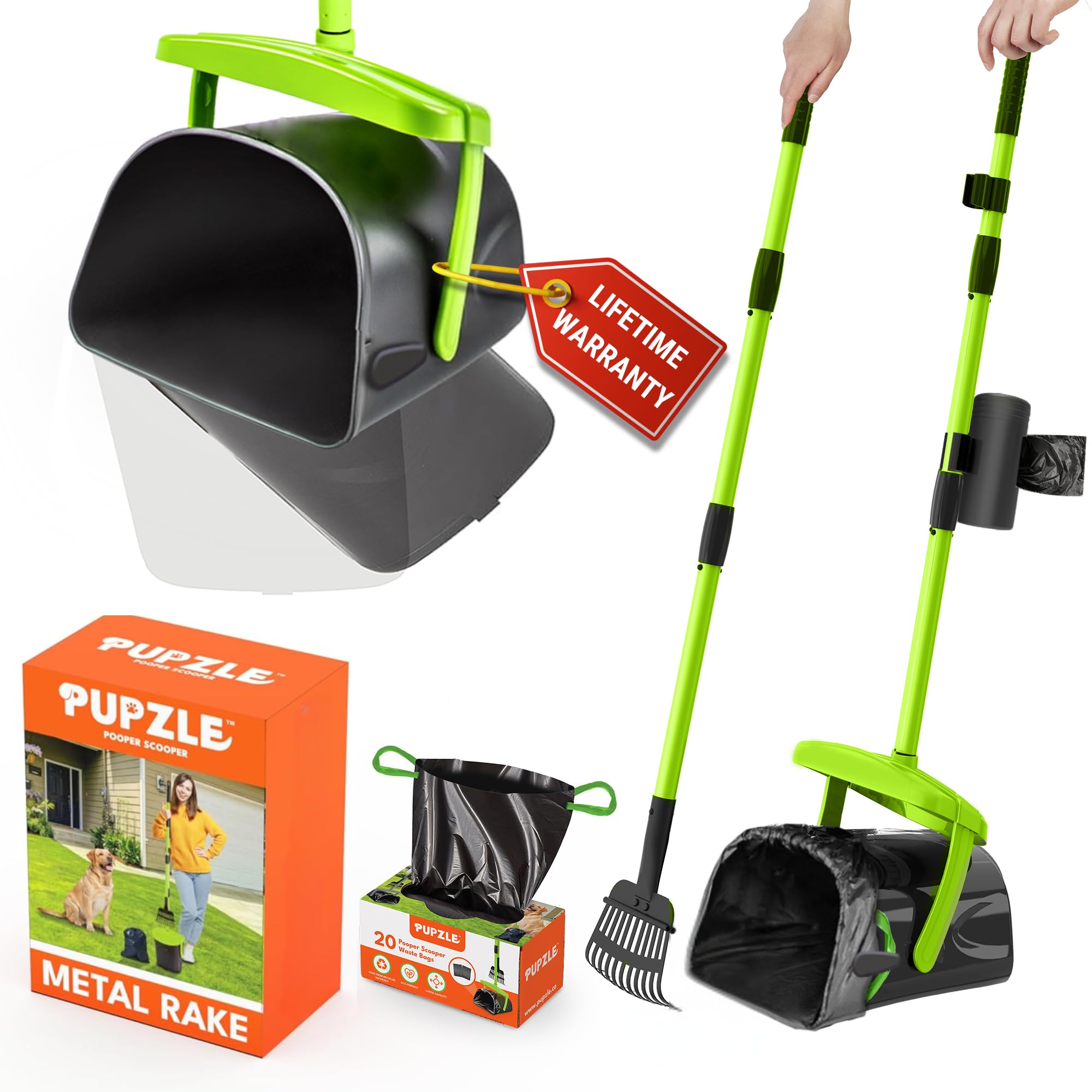Pupzle Dog Pooper Scooper With Bag Attachment, 40' Long Handle Pooper Scooper For Large Dogs, Dog Poop Scoop For Yard, Large Ca