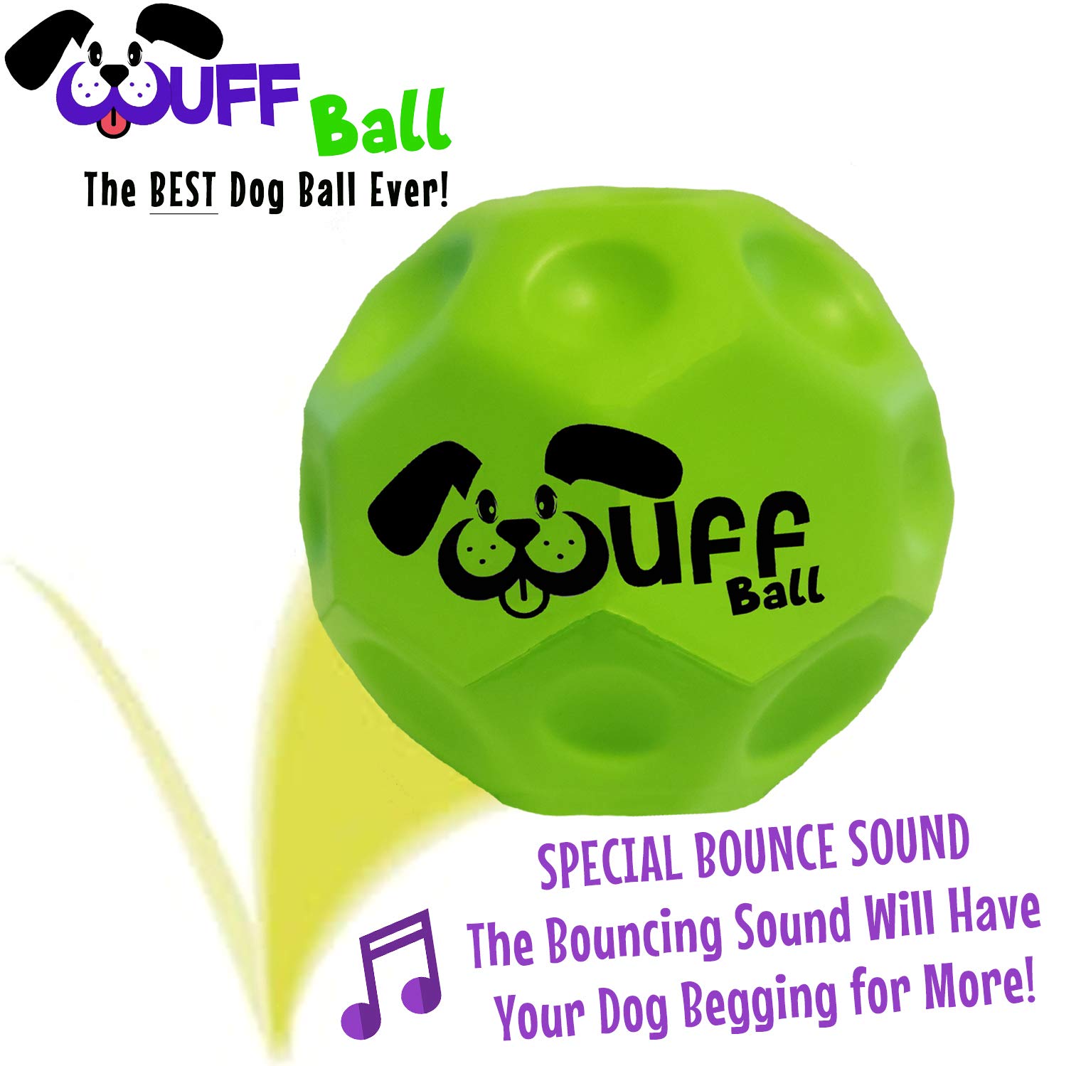 Wuff Ball - The Best Dog Ball Ever! Fun Durable Ultra Bouncy Green Fetch Dog Toy, Fits Ball Launcher