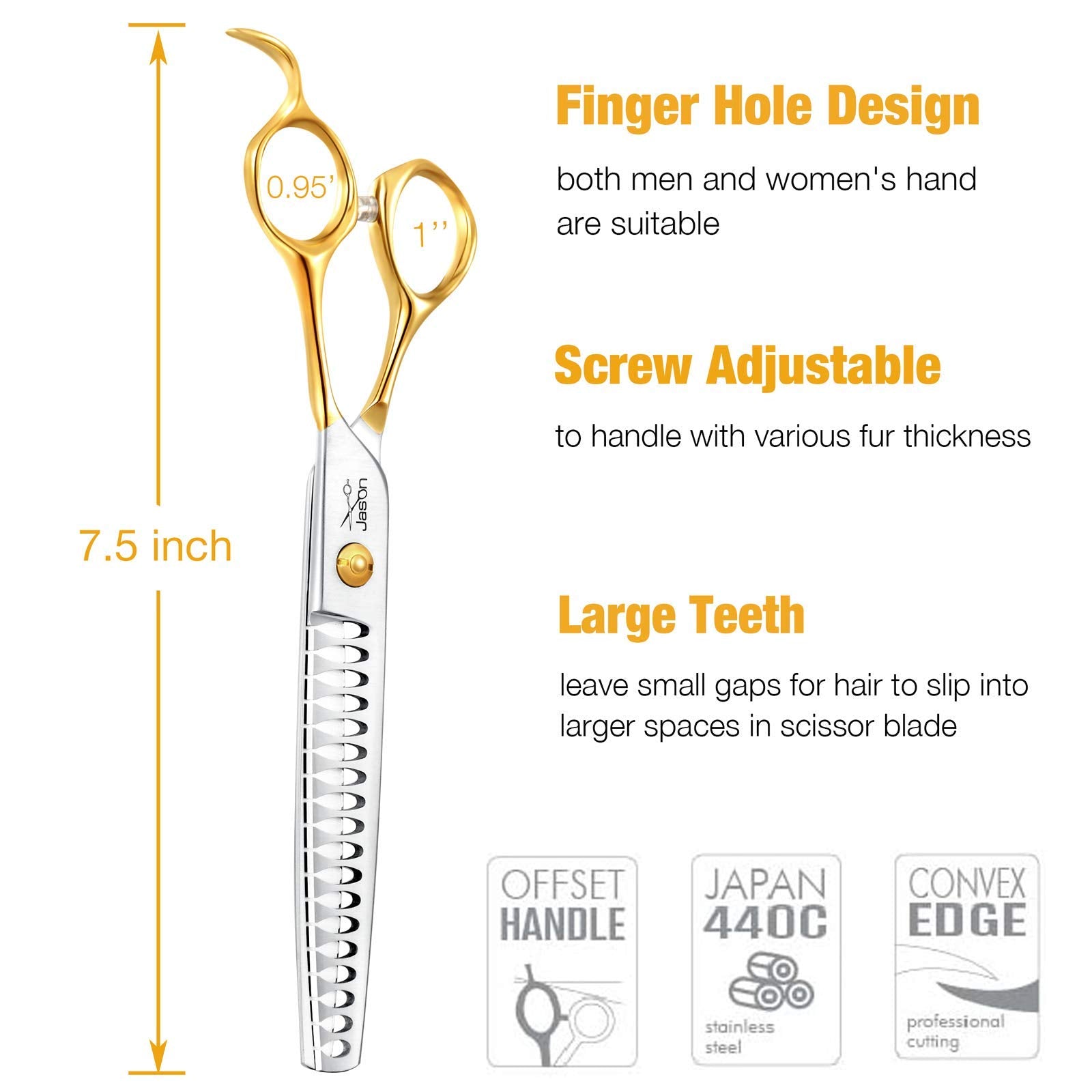 Jason 7.5' 18-Teeth Chunkers Shears For Dogs Cats Grooming Texturizing Blending Thinning Scissor Pets Trimming Kit Sharp Gold Shear For Right Handed Groomers