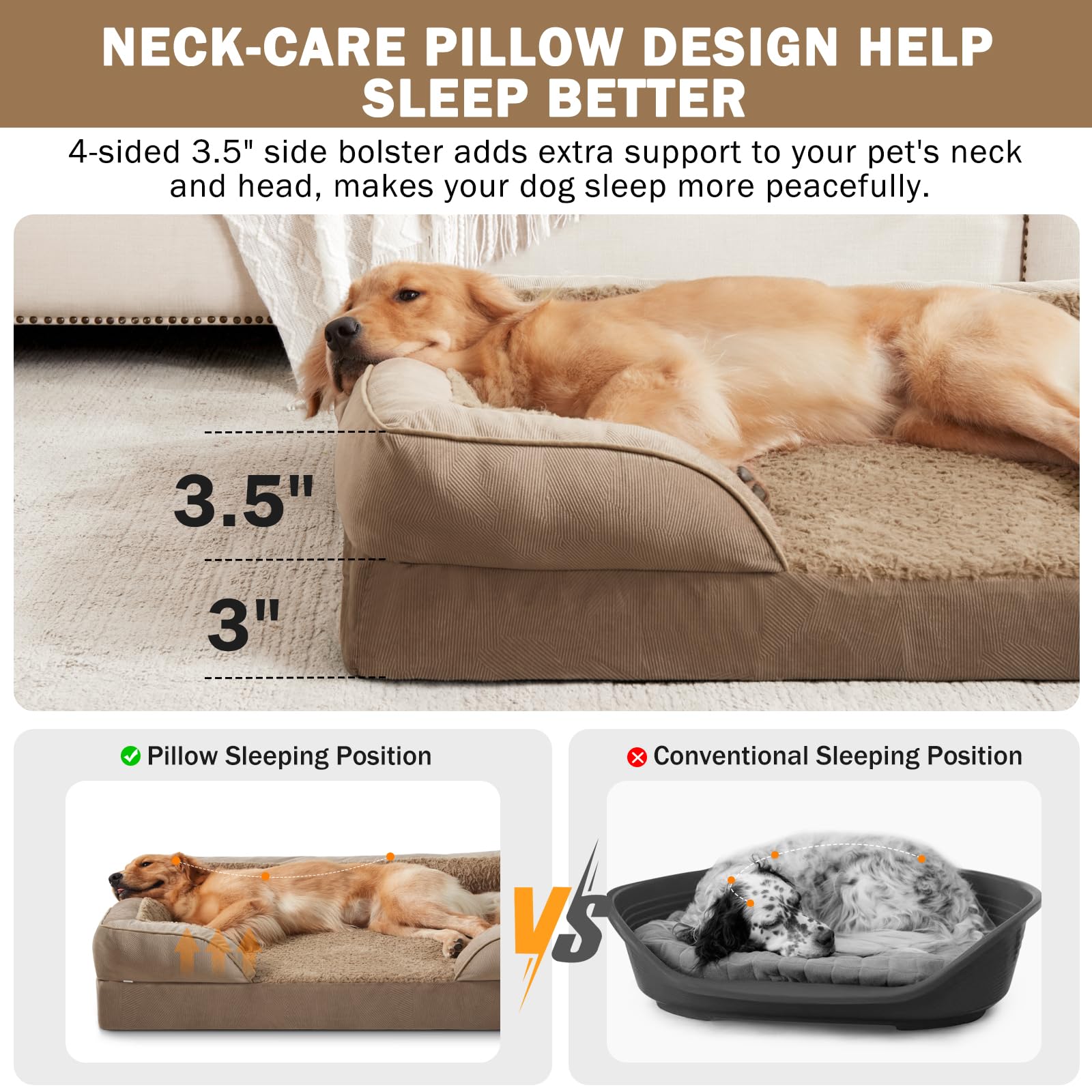 INVENHO XXL Orthopedic Dog Bed - Waterproof Egg-Crate Foam Sofa, Brown, Washable Cover, Nonskid Bottom (48"x 35"x 6.5")