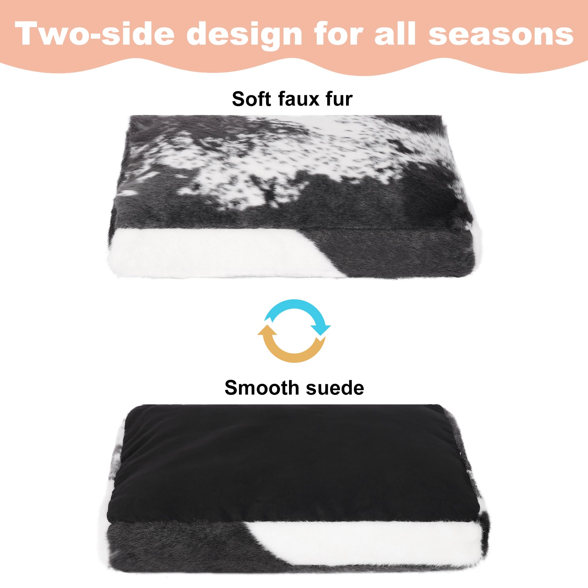 Bedfolks Plush Waterproof Dog Crate Bed - Removable Washable Cover, Faux Fur, 29''X21'', Black-White Cowhide
