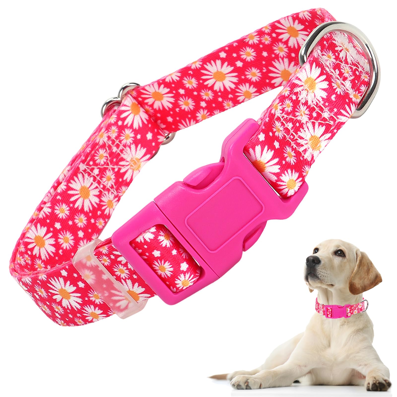 Pink Dog Collars For Small Dogs, Cute Girl Hot Pink Daisy Dog Collar, Adjustable Nylon Comfy Soft Pet Collar With Quick-Release 