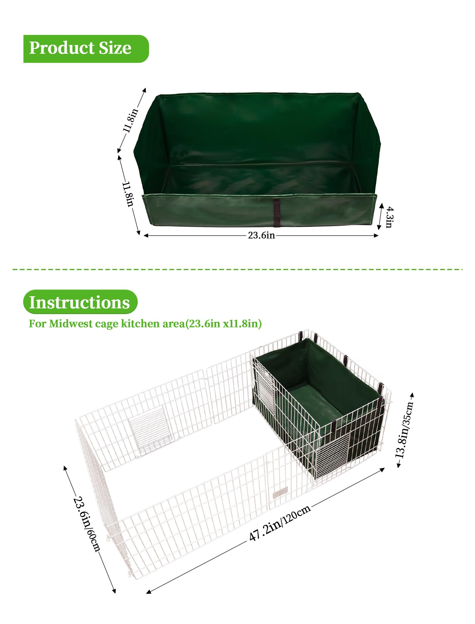 GINIDEAR Guinea Pig Cage Liner & Litter Box, 24"x13", Green, Model 2060 for Small Animals