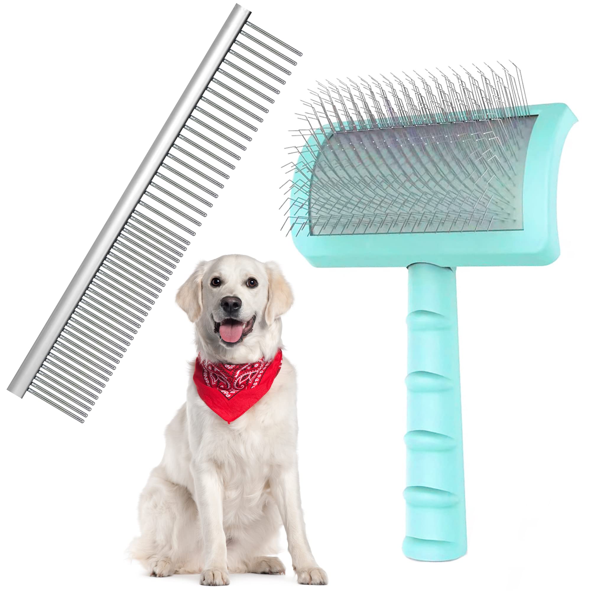 Neathoiho Large Slicker Brush & Greencomb Value Kit, Extra Long Pin Dog Grooming Brush for Curly Hair Goldendoodles, Removes Lo