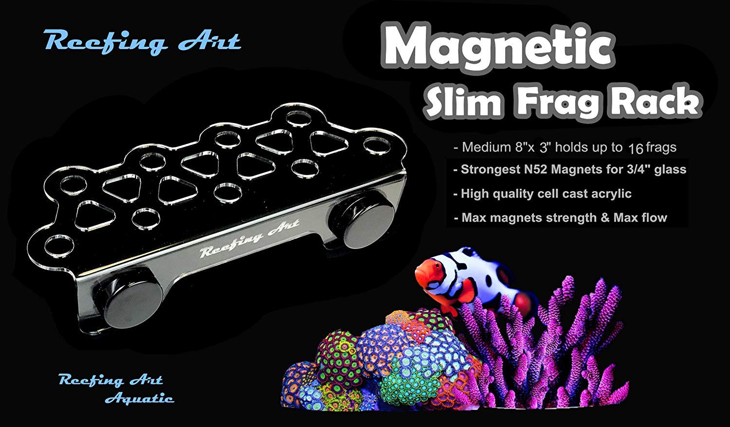 Reefing Art Magnetic Coral Frag Rack - N52 Magnets, Holds 41 Plugs, Medium Slim, Clear, Neodymium Material