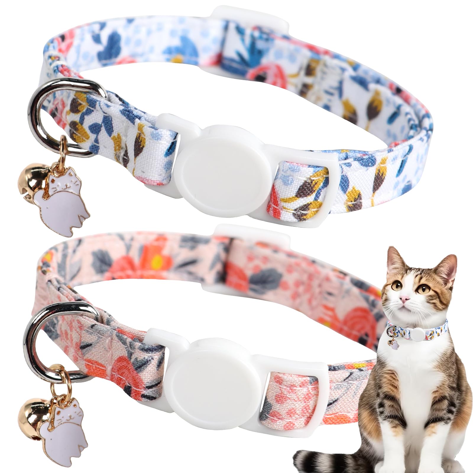 Unique Style Paws 2 Pack Kitten Collar Breakaway With Bell & Pendant, Adjustable Safety Cat Cotton Collars For Girl Boy Cats And