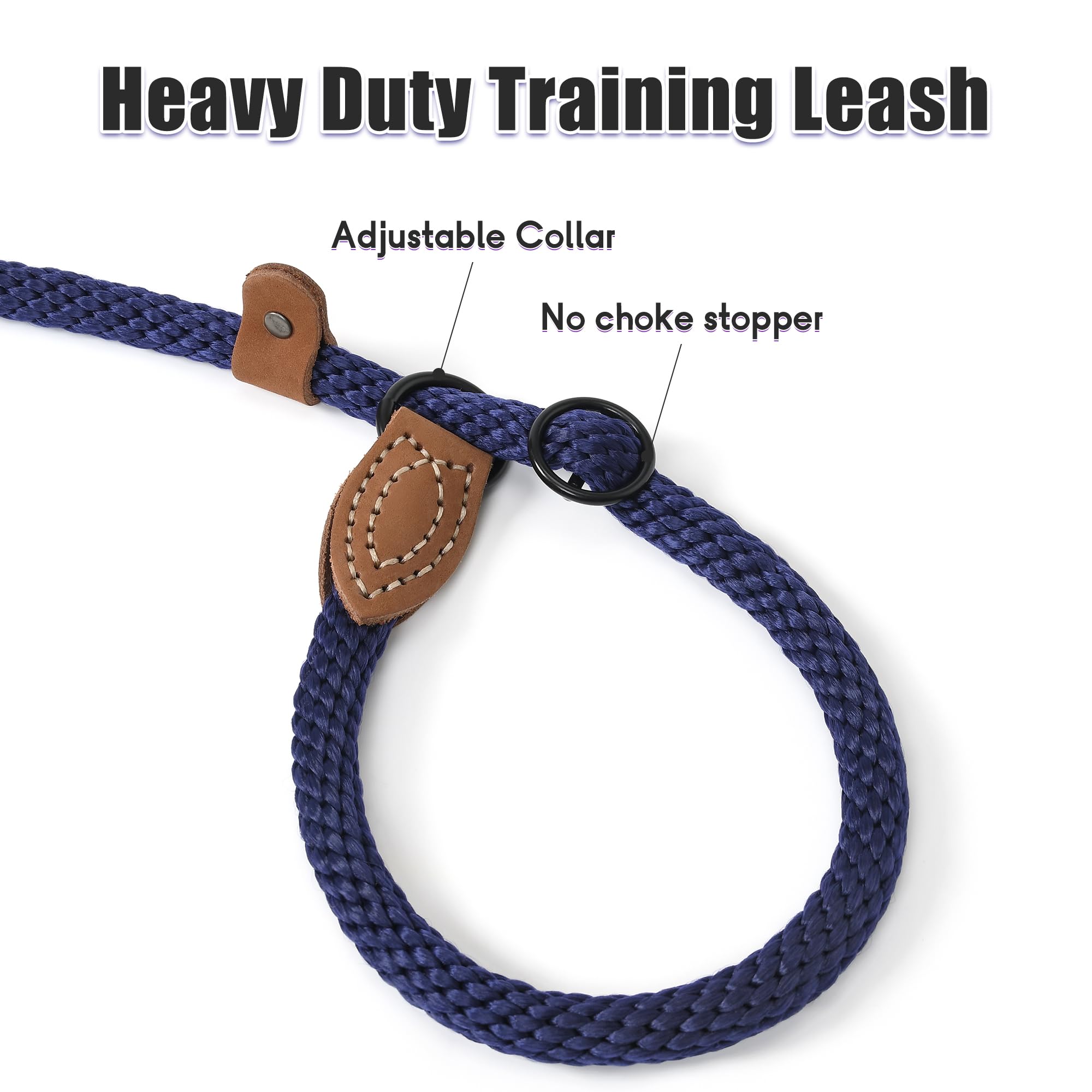 Mile High Life Slip Leads For Dogs | Heavy Duty Dog Training Leash | 6 Feet No Pull Slip Leashes W Leather Tip | Navy Rope Lead For Dogs Outside