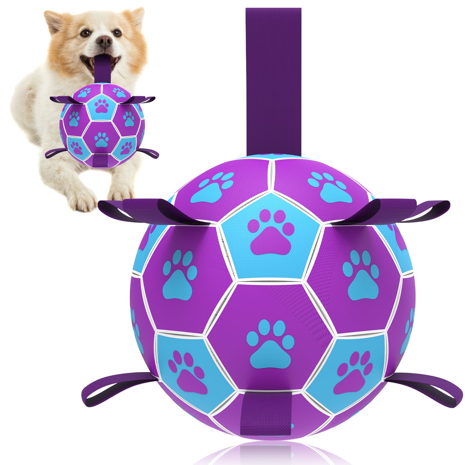 Qdan Dog Ropes Toys Soccer Ball With Straps, Interactive Dog Toys For Tug Of War, Puppy Birthday Gifts, Dog Tug Toy, Dog Water Toy, Durable Dog Balls For Medium Dogs-Blue&Purple（6 Inch）