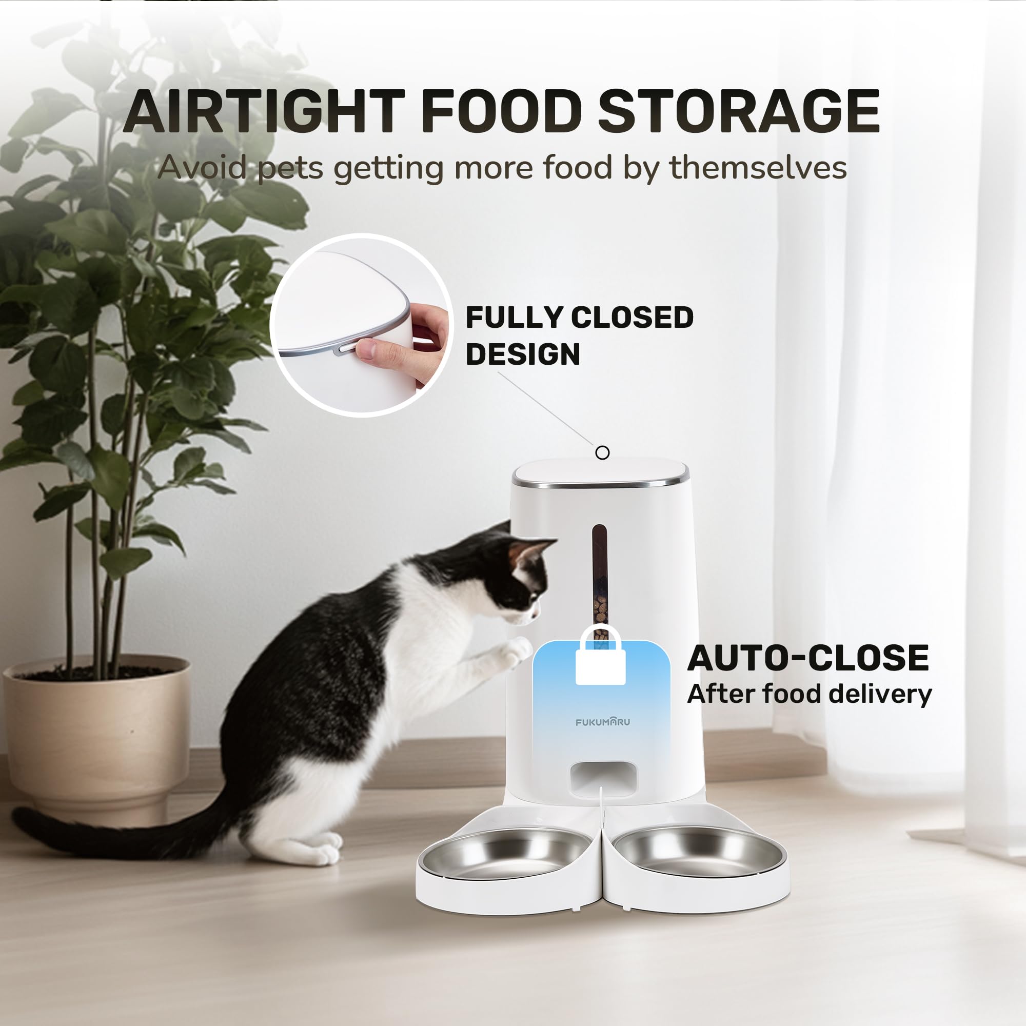 FUKUMARU Automatic Cat Feeder, 4L Dog Feeders with Double Bowls, Support DIY Meals and Timed Control WiFi Cat sFood Dispenser, S