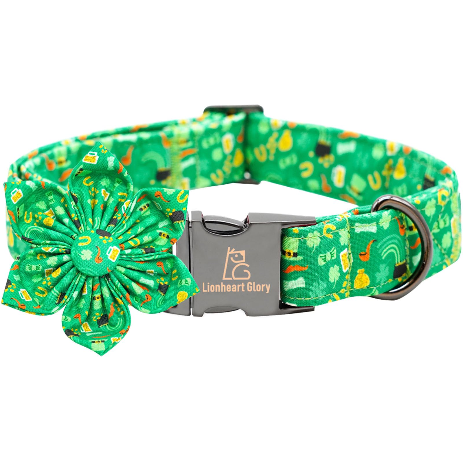 Lionheart Glory St. Patrick'S Day Collar With Flower Bows For X-Large Dogs, Green Lucky Clover Shamrock Collar