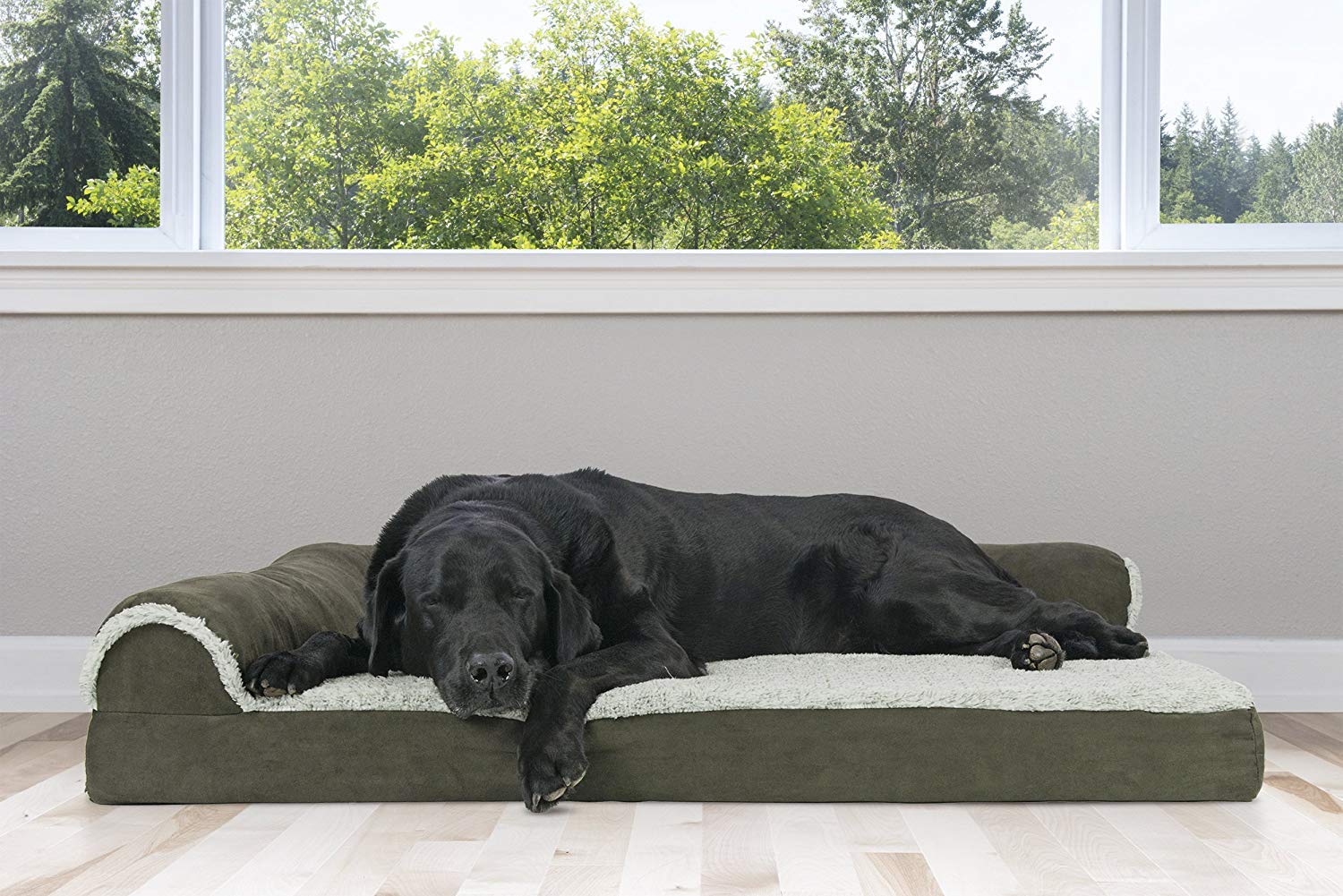 Furhaven Cooling Gel Dog Bed For Large Dogs W/ Removable Bolsters & Washable Cover, For Dogs Up To 95 Lbs - Two-Tone Plush Faux Fur & Suede L Shaped Chaise - Dark Sage, Jumbo/Xl