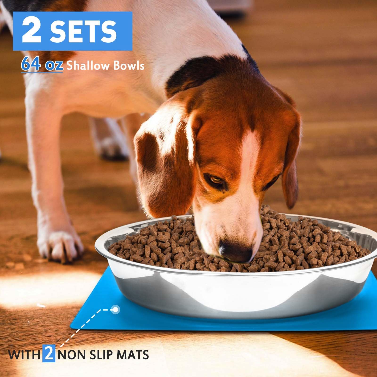 Shallow Dog Food Bowls, Non Slip Food Grade Stainless Steel Bowls for Large Dogs - 8 Cups / 2 Quart (2 Pcs)