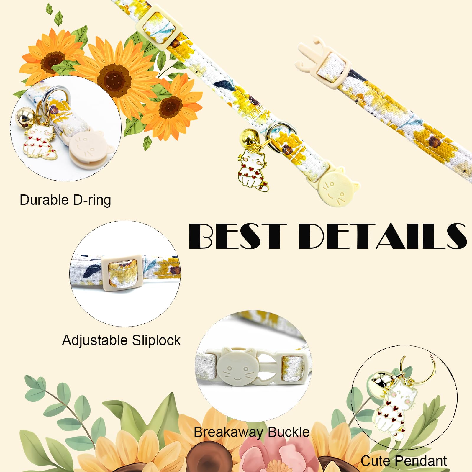 Elegant Little Tail 2 Pack Cat Collar- Sunflower Print Cotton Breakaway Cat Collars With Bell Pendant Kitten For Girl Safety Adj