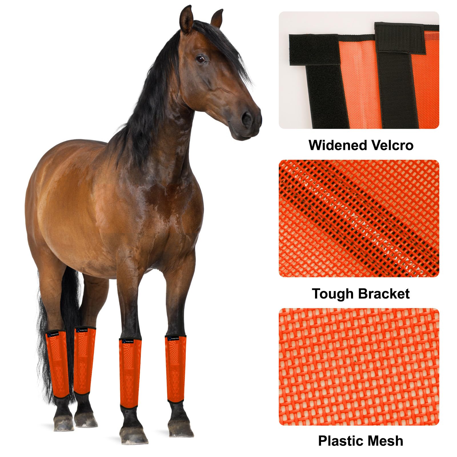 FOXLVDA Horse Fly Boots Set of 4, Mesh Material, Medium Orange, Model FOX-H01, Reduces Stomping & Leg Fatigue